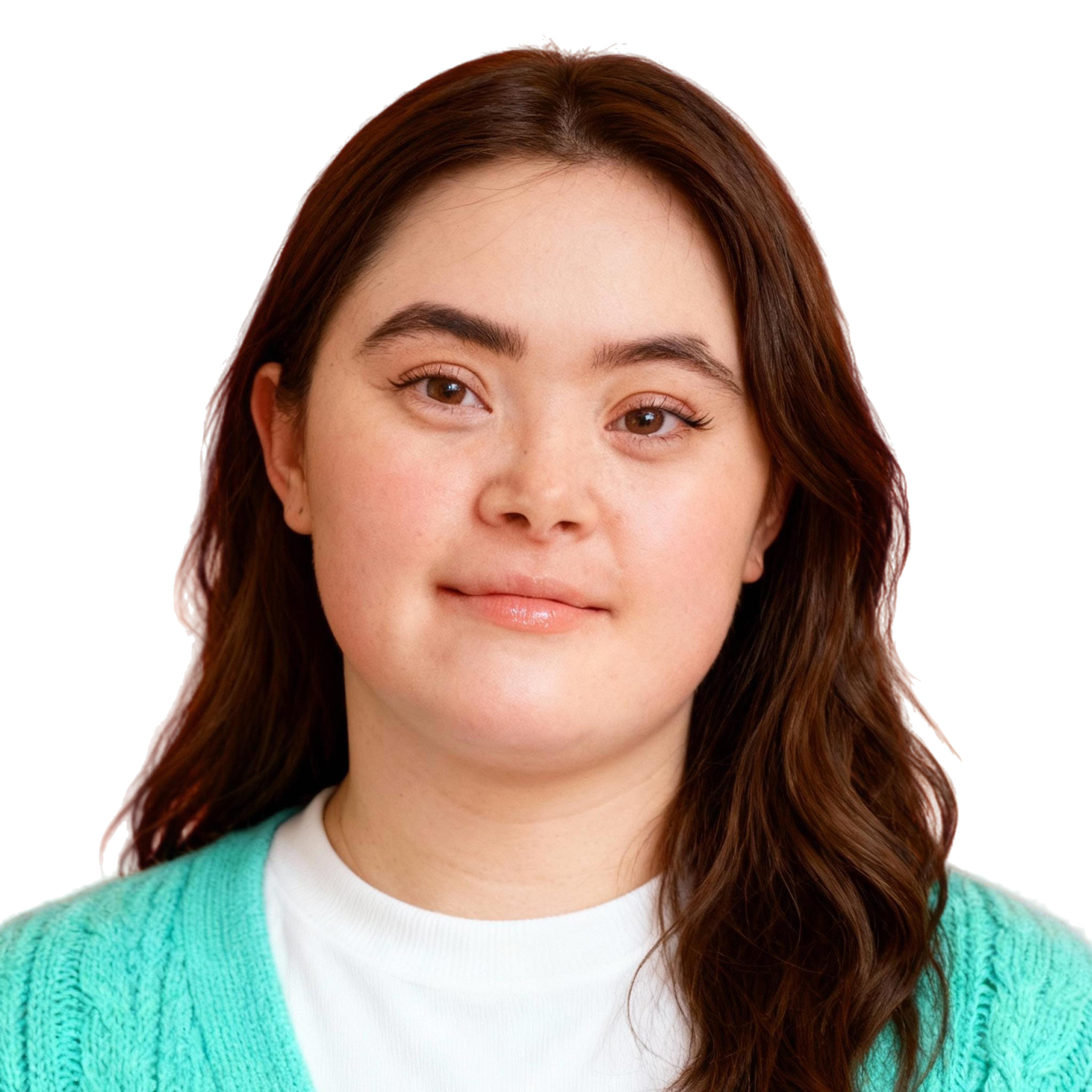 AI-generated portrait of a young woman with long brown hair and rounded facial features, wearing a knit cardigan over a light shirt, posed with a gentle expression against a transparent background in even studio lighting.