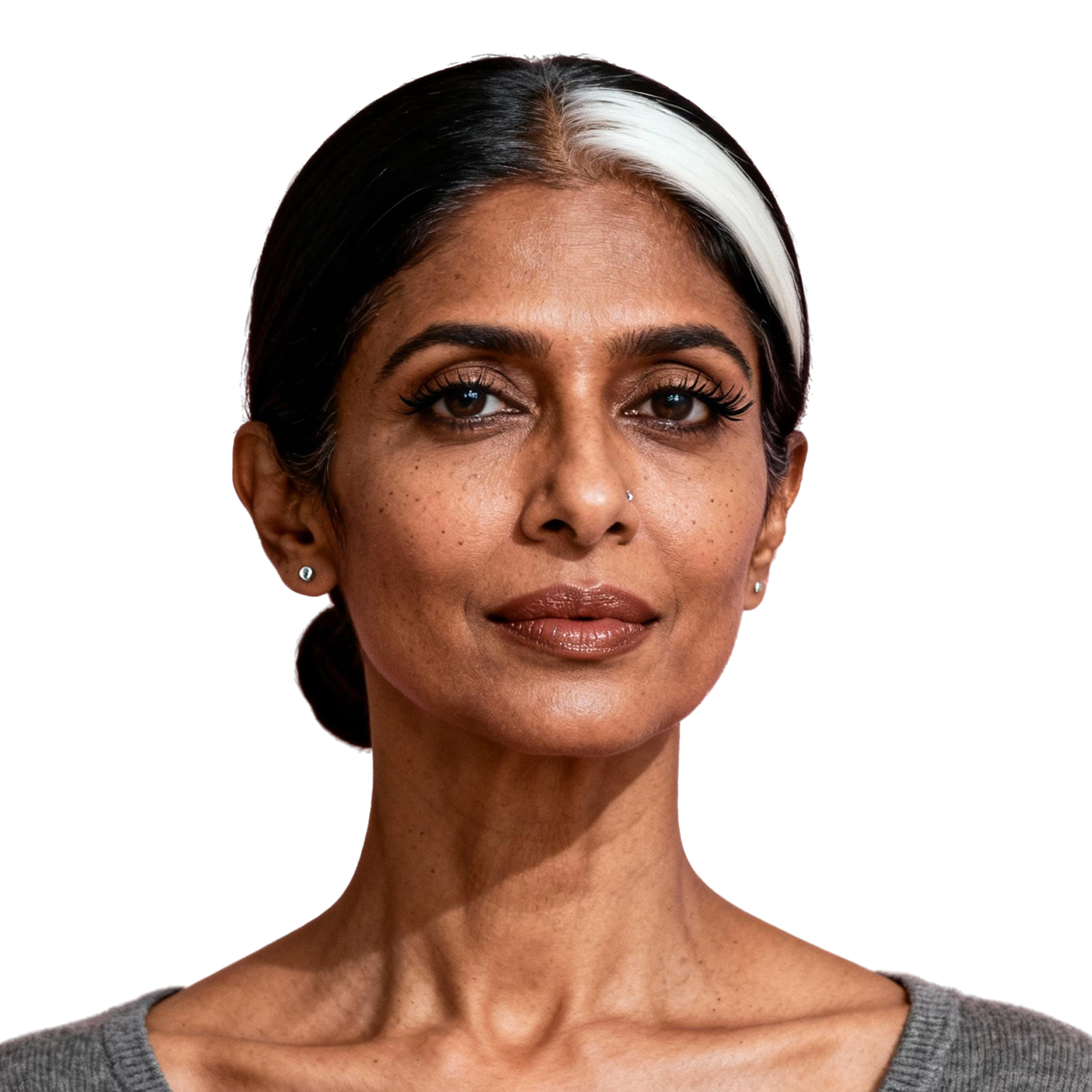 AI-generated portrait of a middle-aged woman with dark hair pulled back and a light streak at the front, wearing a simple top, posed with a calm expression against a transparent background in balanced studio lighting.