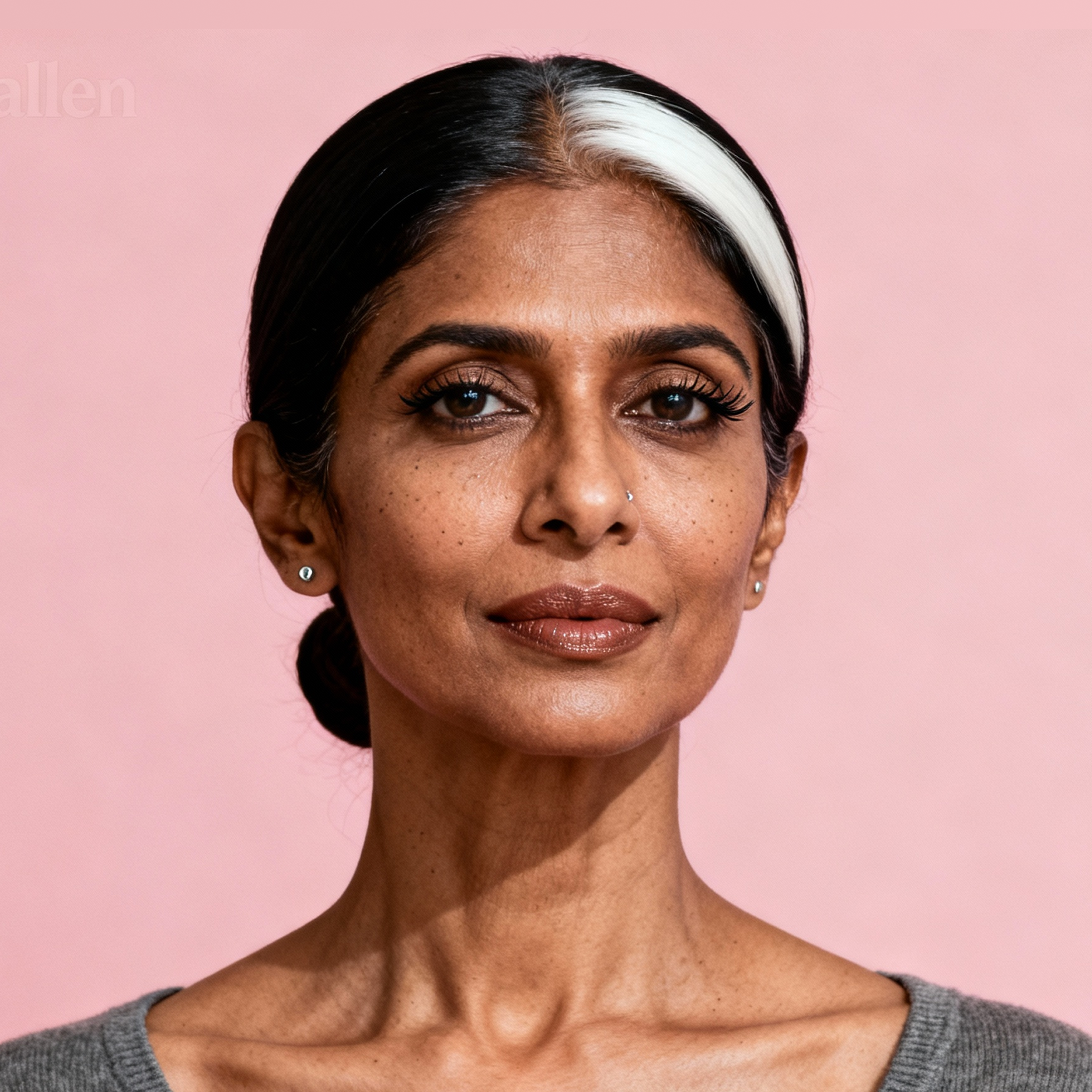 AI-generated portrait of a middle-aged woman with dark hair pulled back and a light streak at the front, wearing a simple top, posed with a calm expression against a soft pink background in balanced studio lighting.
