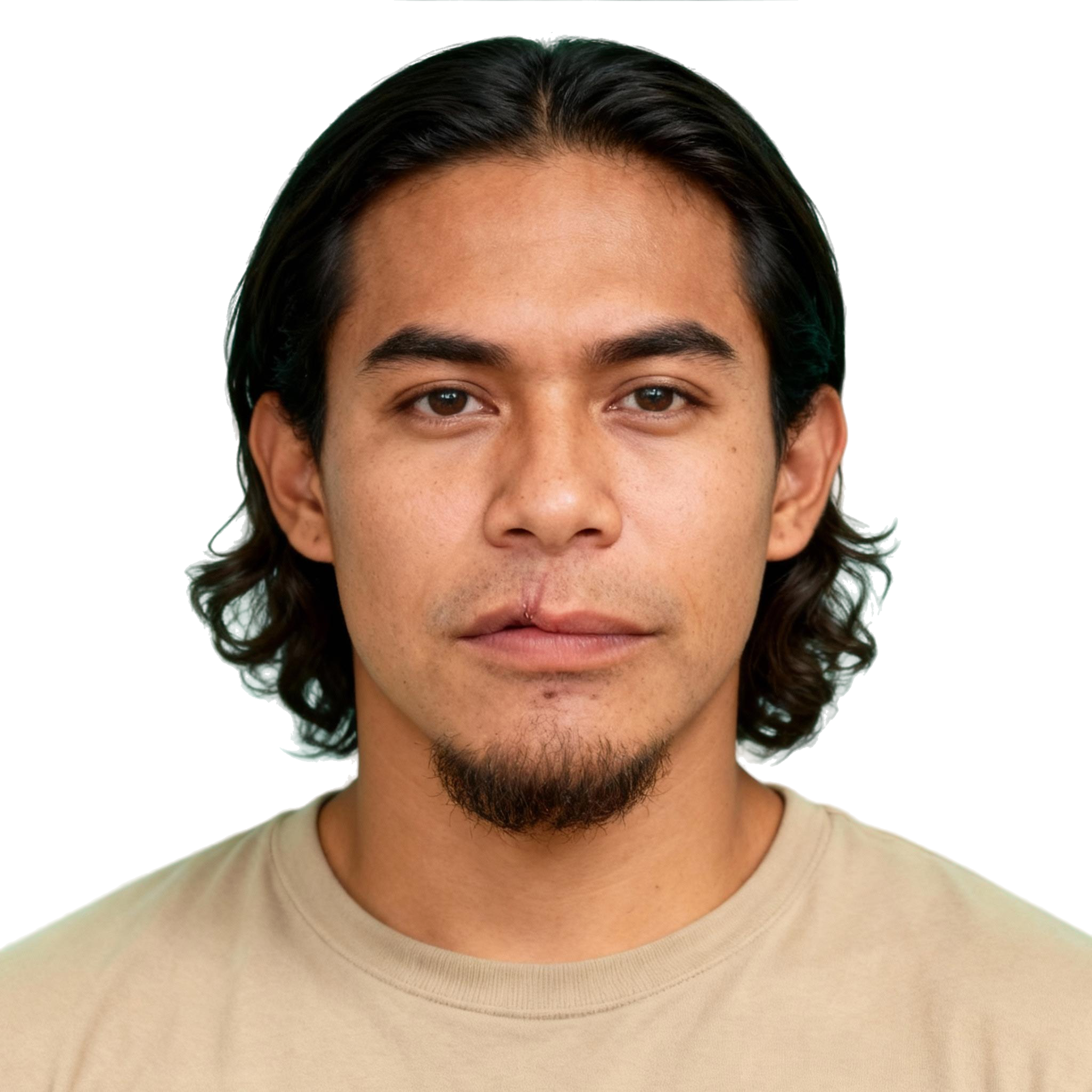 AI-generated portrait of a young man with shoulder-length hair and light facial hair, wearing a casual neutral shirt, posed with a neutral expression against a transparent background in even studio lighting.