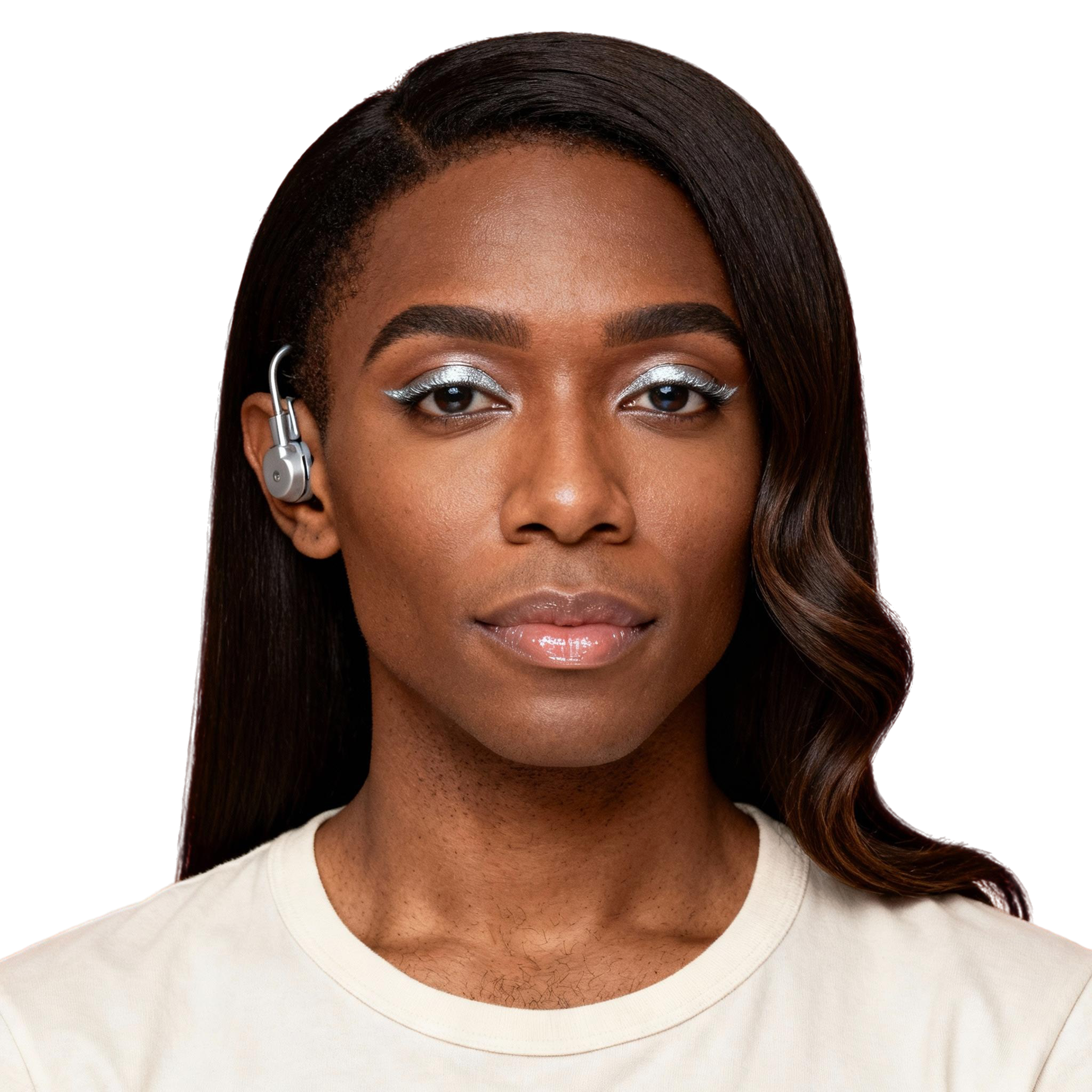 AI-generated portrait of a young woman with long styled hair and subtle makeup, wearing a light top and an ear-mounted hearing device, posed with a calm expression against a transparent background in even studio lighting.
