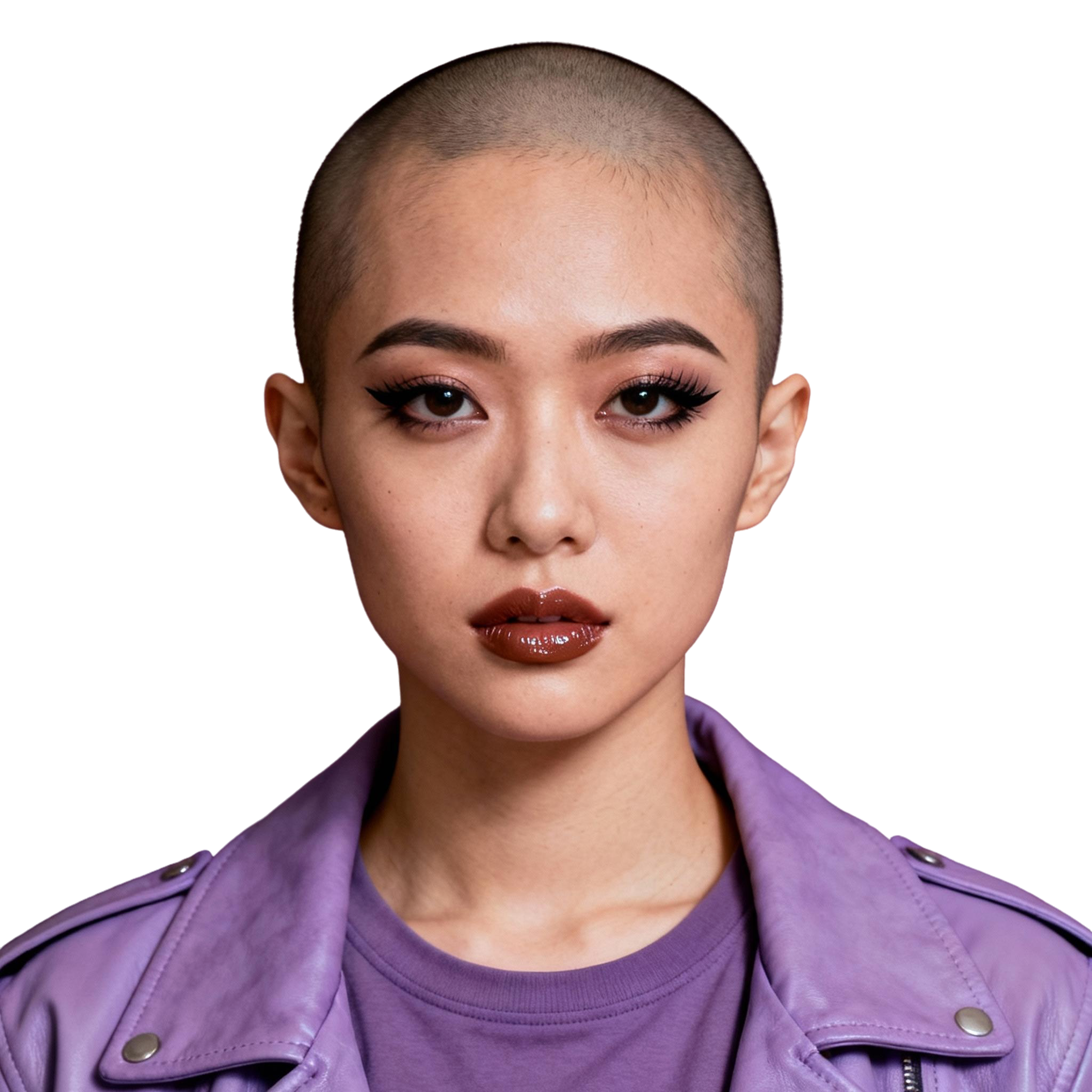 AI-generated portrait of a young woman with a shaved head and defined eye makeup, wearing a casual top and jacket, posed with a neutral expression against a transparent background in soft studio lighting.
