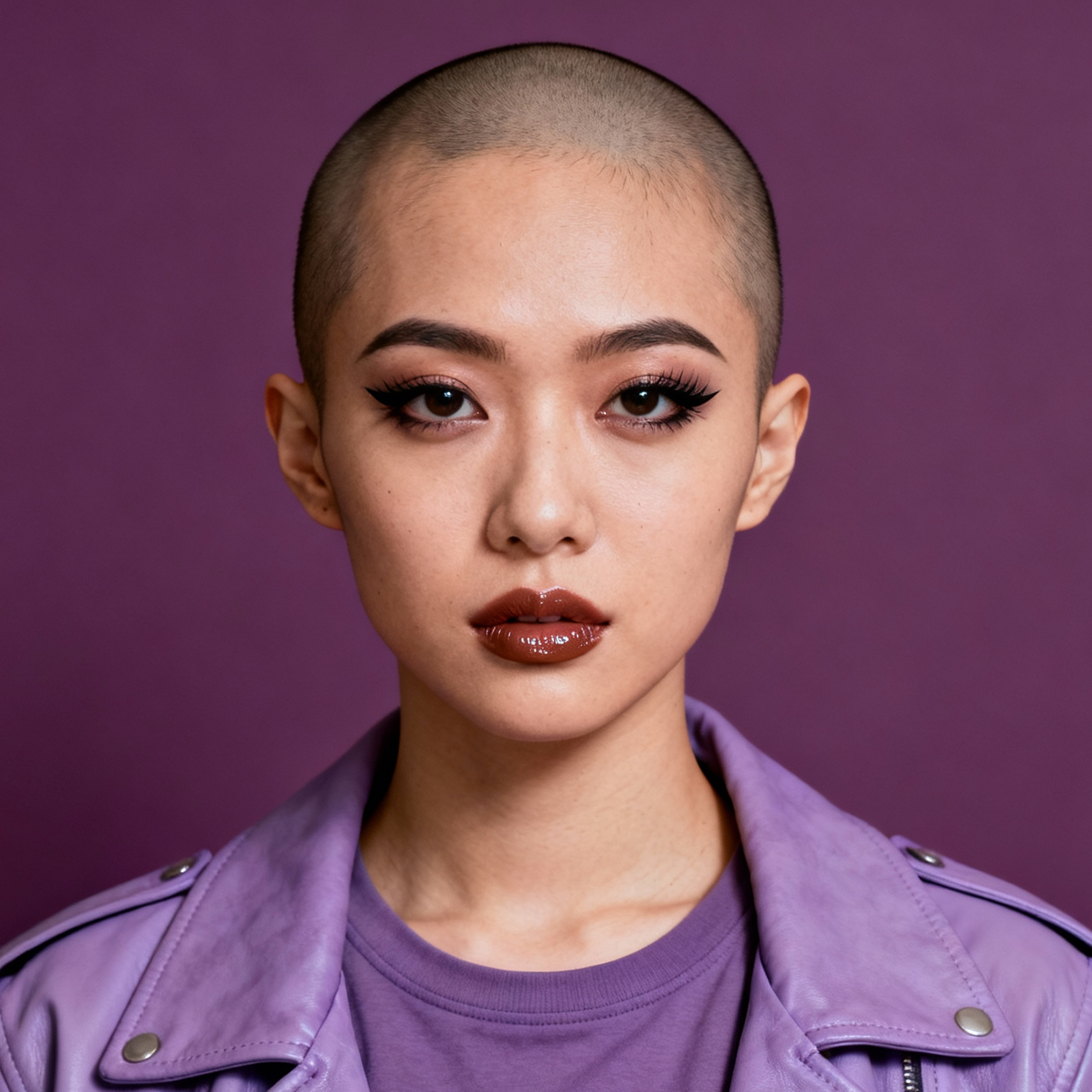 AI-generated portrait of a young woman with a shaved head and defined eye makeup, wearing a casual top and jacket, posed with a neutral expression against a deep purple background in soft studio lighting.