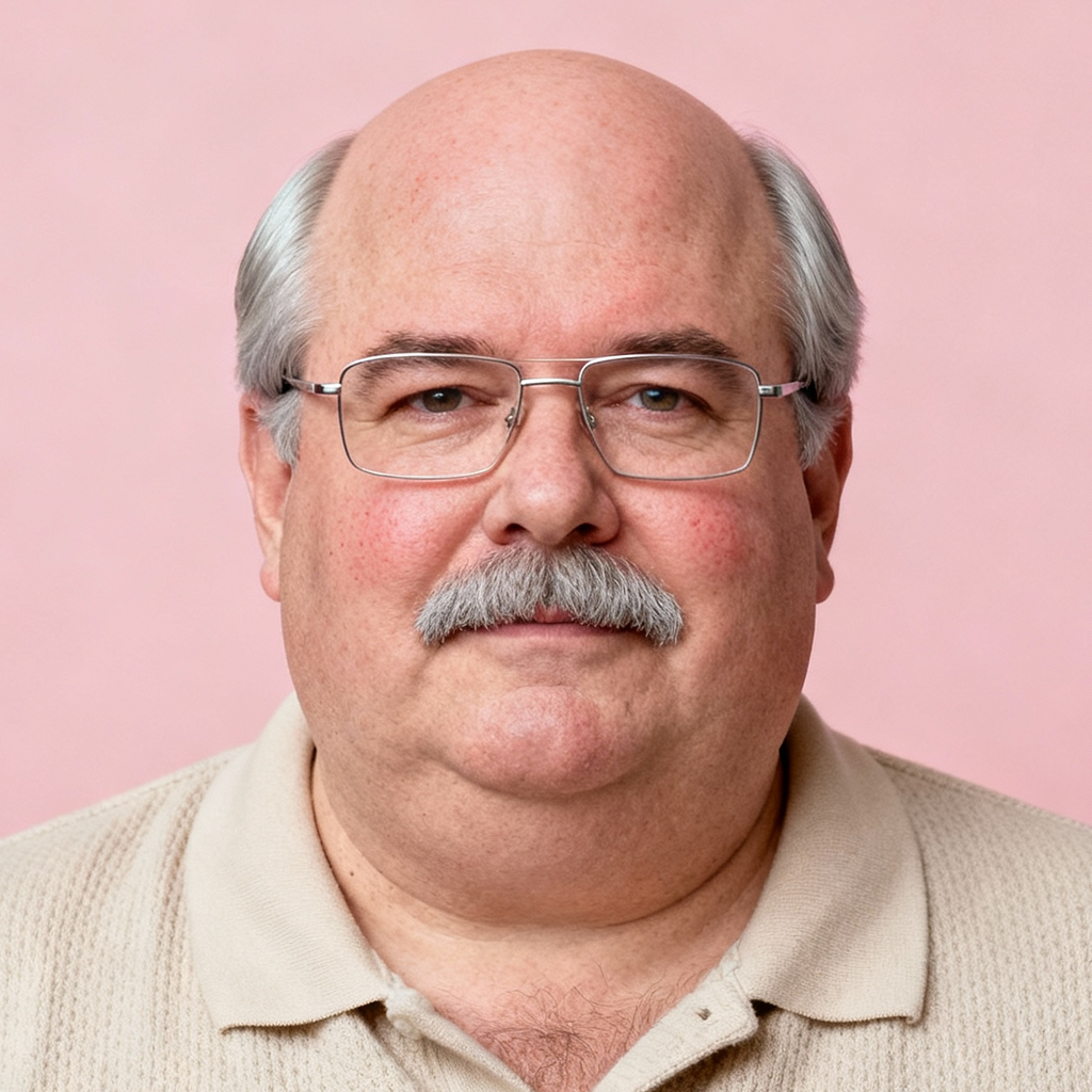 AI-generated portrait of a middle-aged man with glasses and a mustache, wearing a collared knit shirt, posed with a neutral expression against a soft pink background in diffused studio lighting.