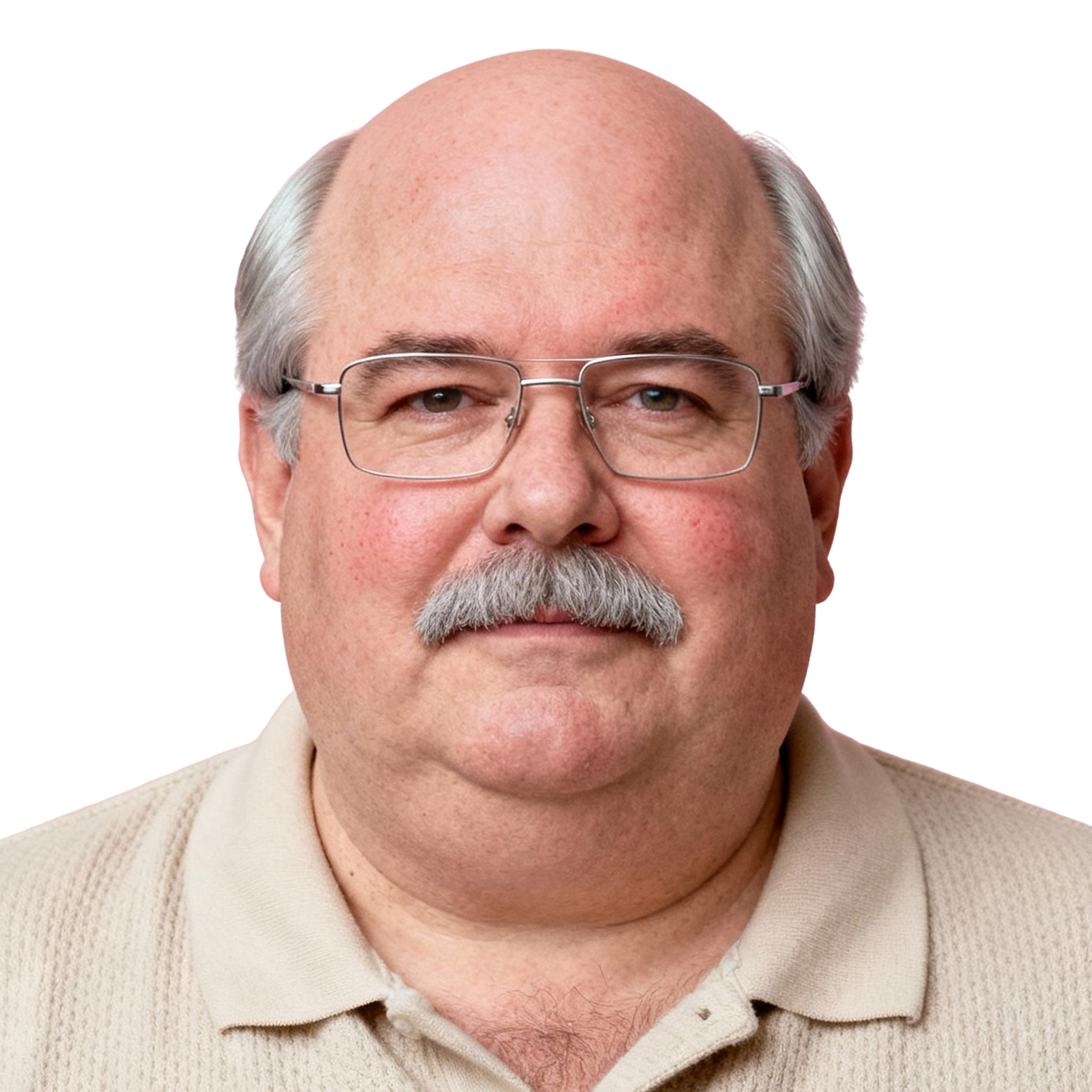 AI-generated portrait of a middle-aged man with glasses and a mustache, wearing a collared knit shirt, posed with a neutral expression against a transparent background in diffused studio lighting.
