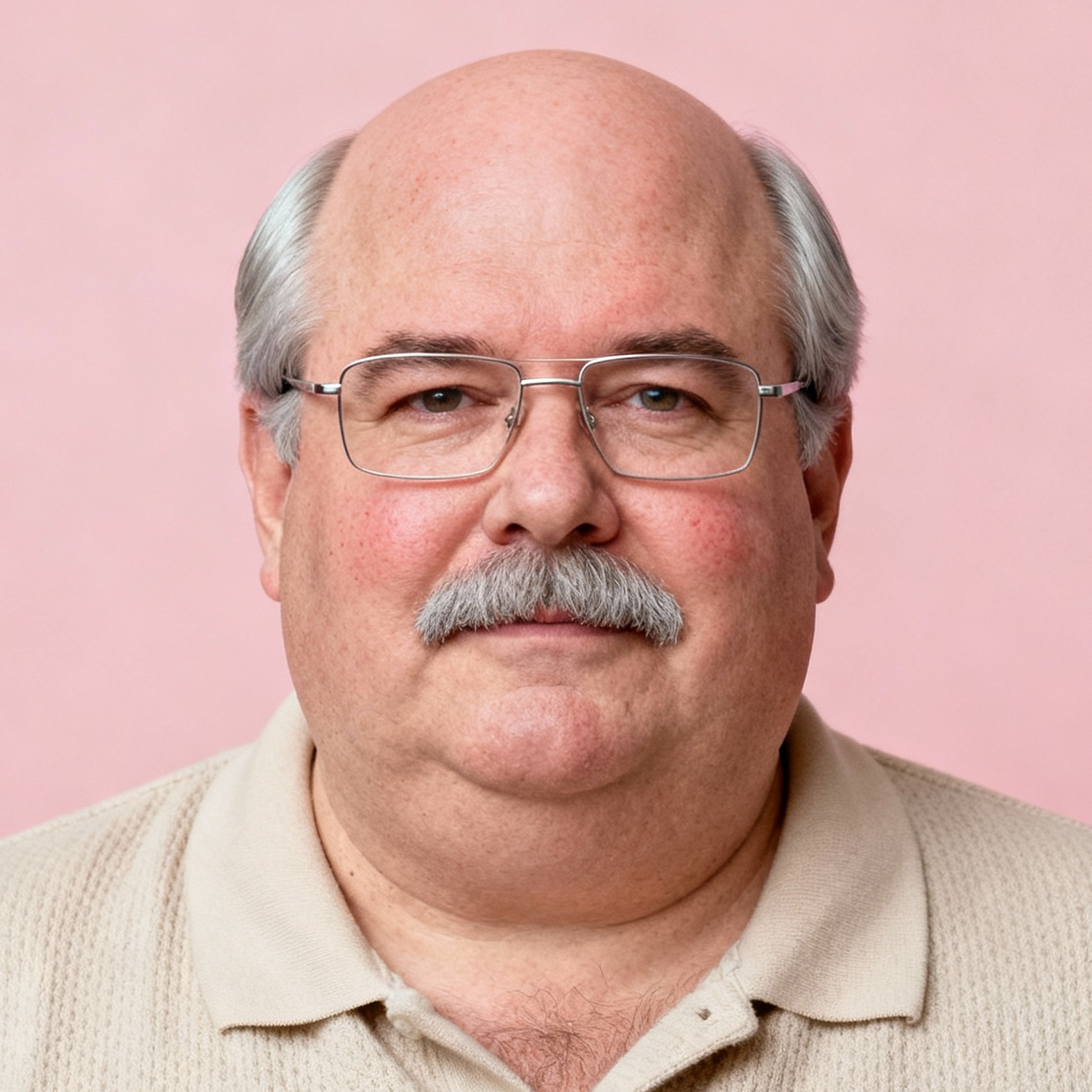 AI-generated portrait of a middle-aged man with glasses and a mustache, wearing a collared knit shirt, posed with a neutral expression against a soft pink background in diffused studio lighting.