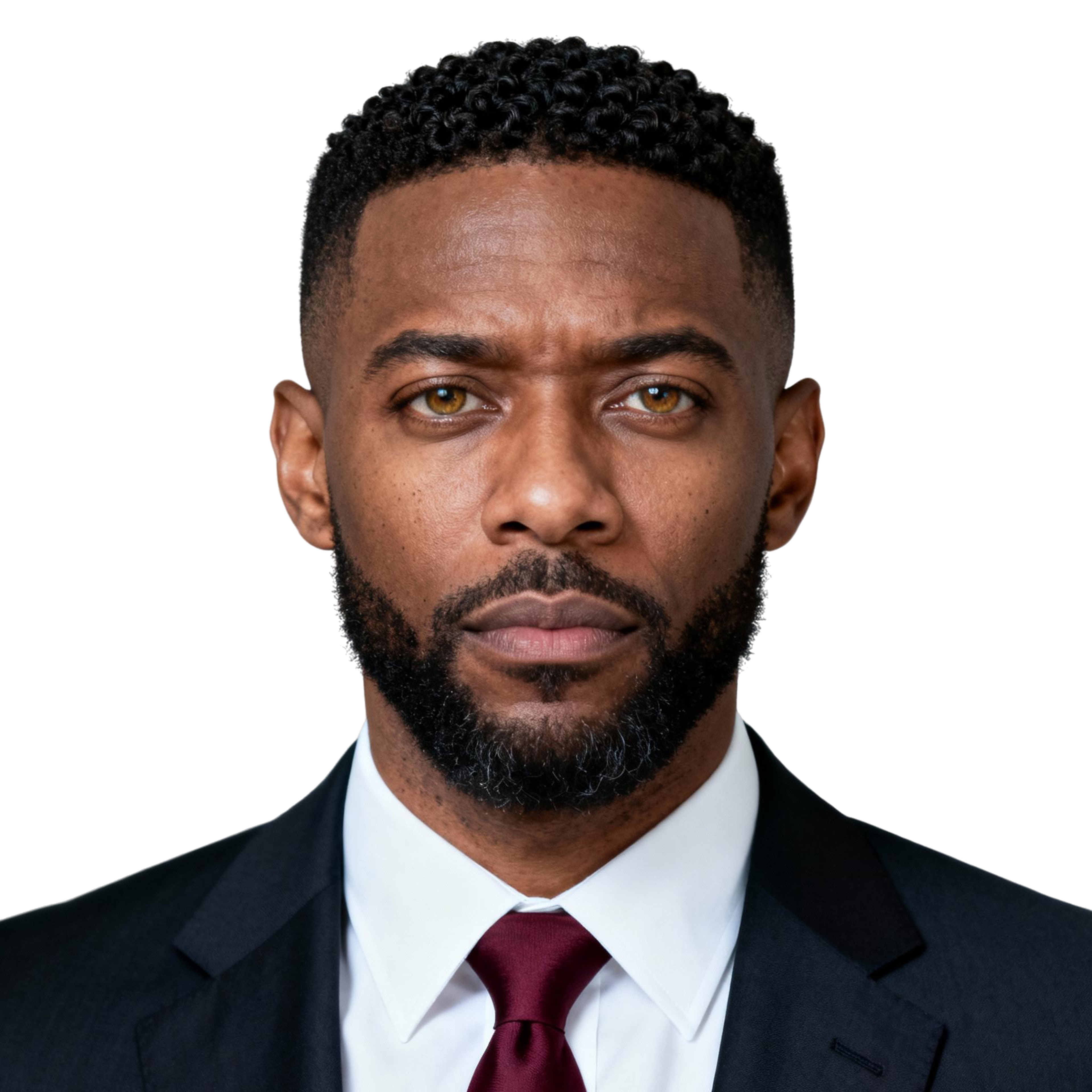AI-generated portrait of a middle-aged man with short cropped hair and a trimmed beard, wearing a dark suit jacket, white shirt, and tie, posed with a serious expression against a transparent background in controlled studio lighting.