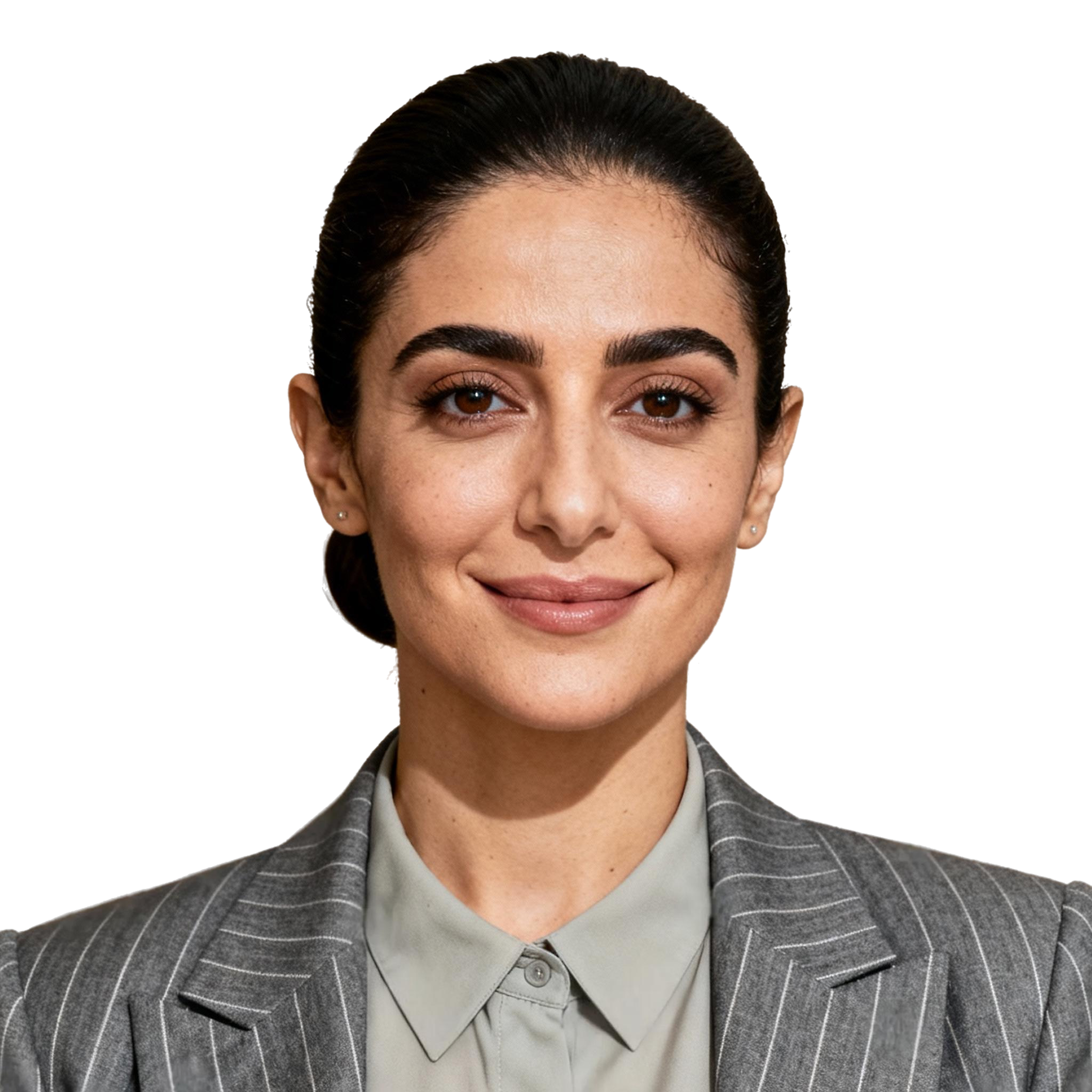 AI-generated portrait of a young woman with dark hair pulled back, wearing a tailored blazer and buttoned shirt, posed with a neutral expression against a transparent background in controlled studio lighting.
