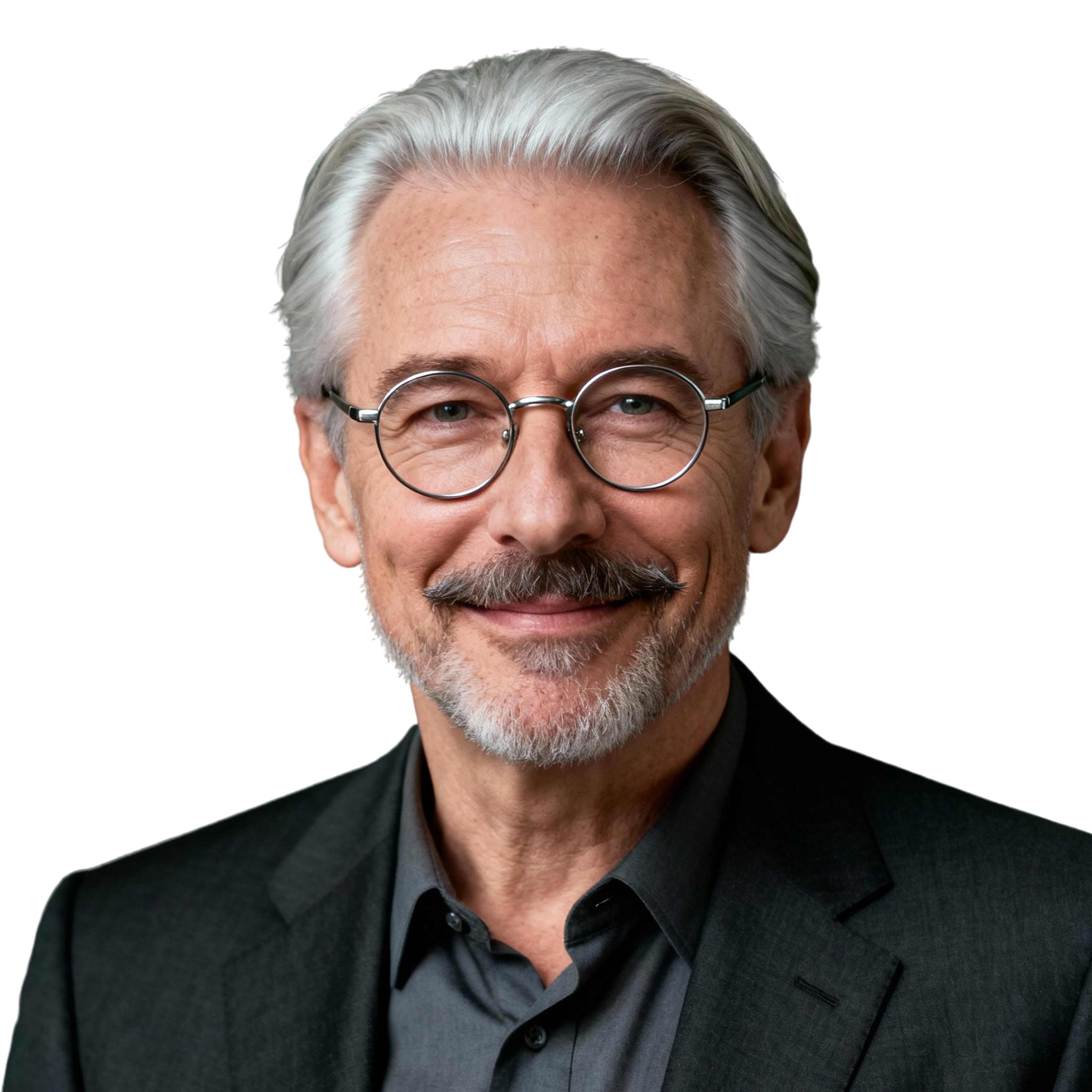 AI-generated portrait of an older man with swept-back gray hair and glasses, wearing a dark blazer and shirt, posed with a calm expression against a transparent background in controlled studio lighting.