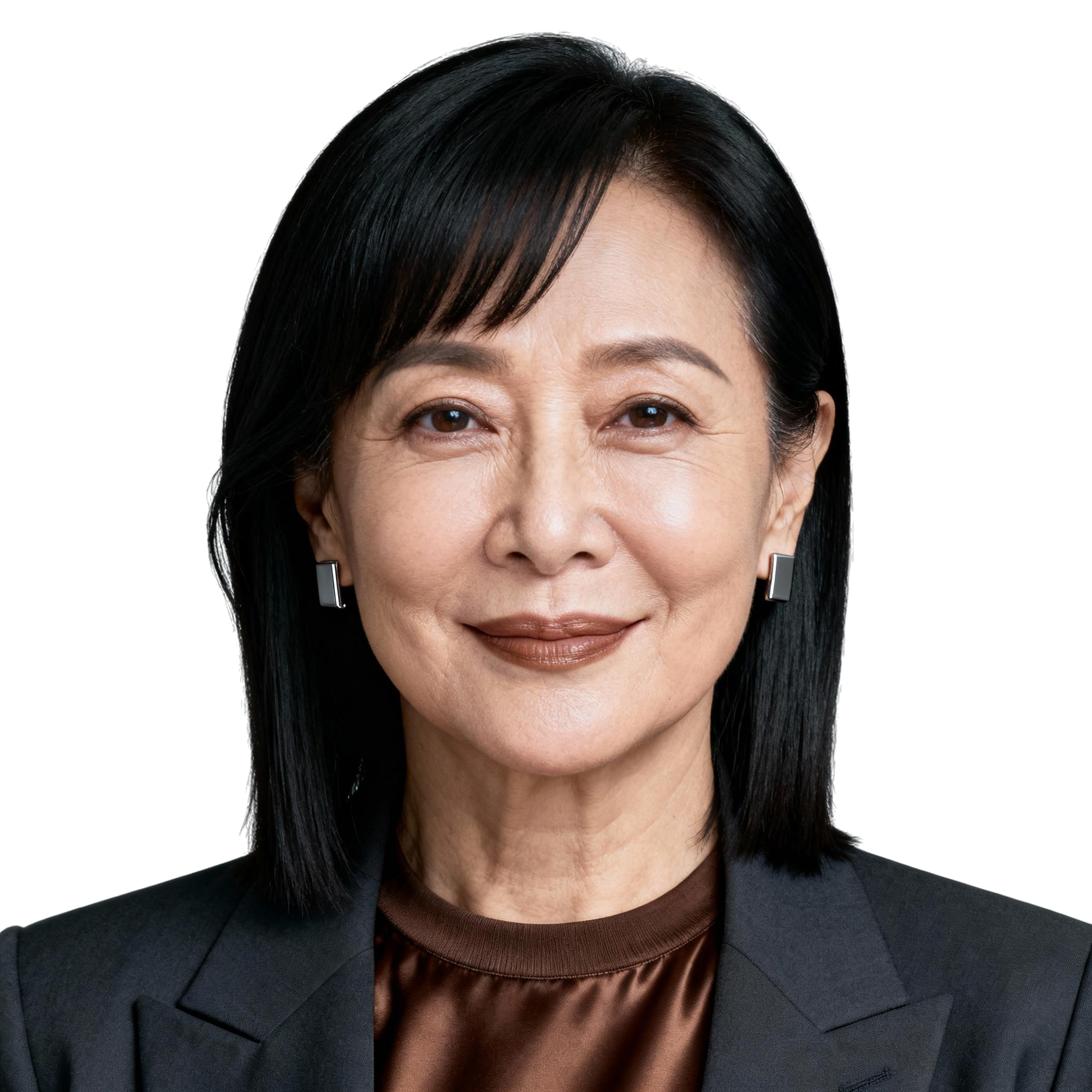 AI-generated portrait of a middle-aged woman with straight shoulder-length hair, wearing a blazer and blouse, posed with a neutral expression against a transparent background in controlled studio lighting.