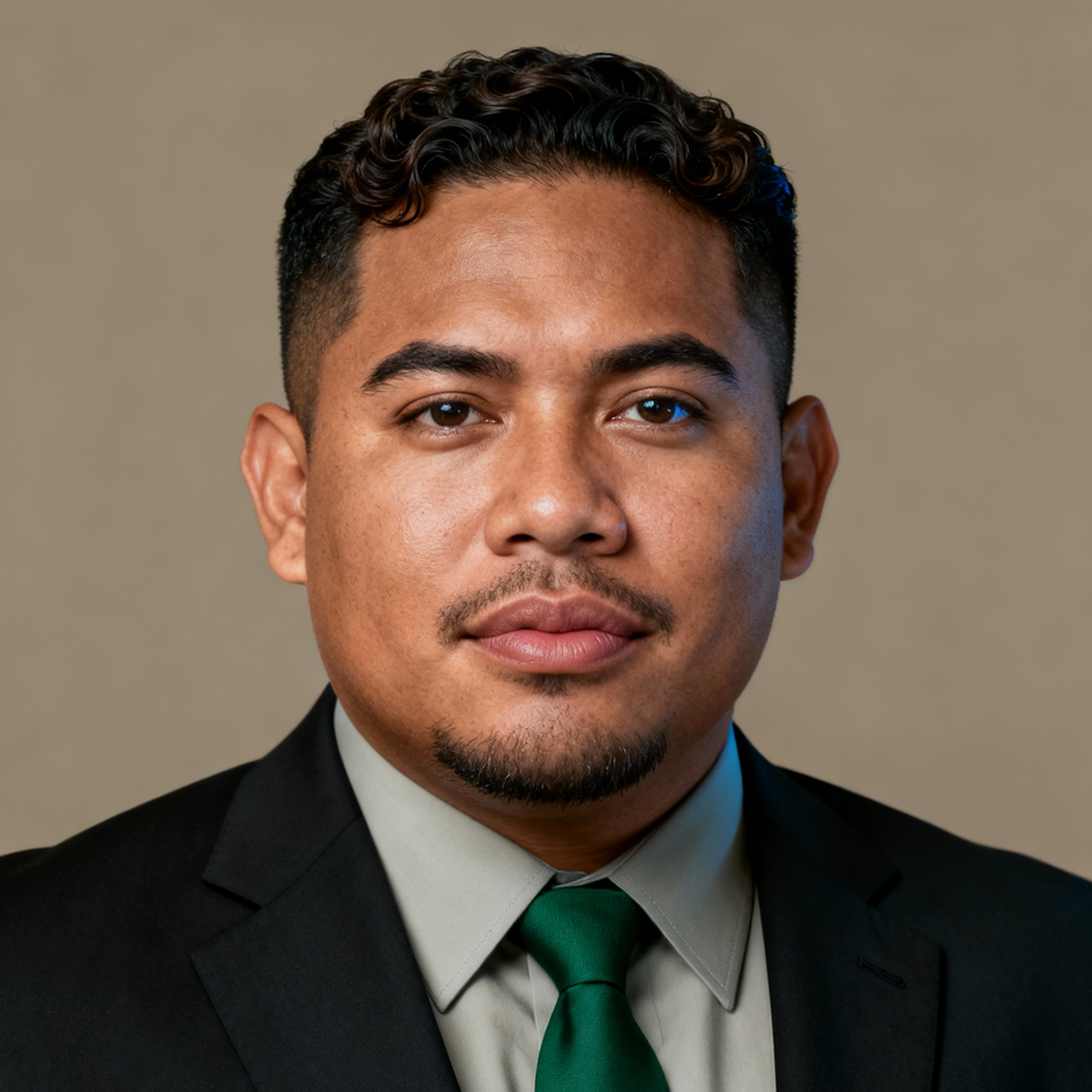 AI-generated portrait of a young man with short wavy hair and trimmed facial hair, wearing a dark suit jacket, collared shirt, and tie, posed with a neutral expression against a stone-toned background in controlled studio lighting.