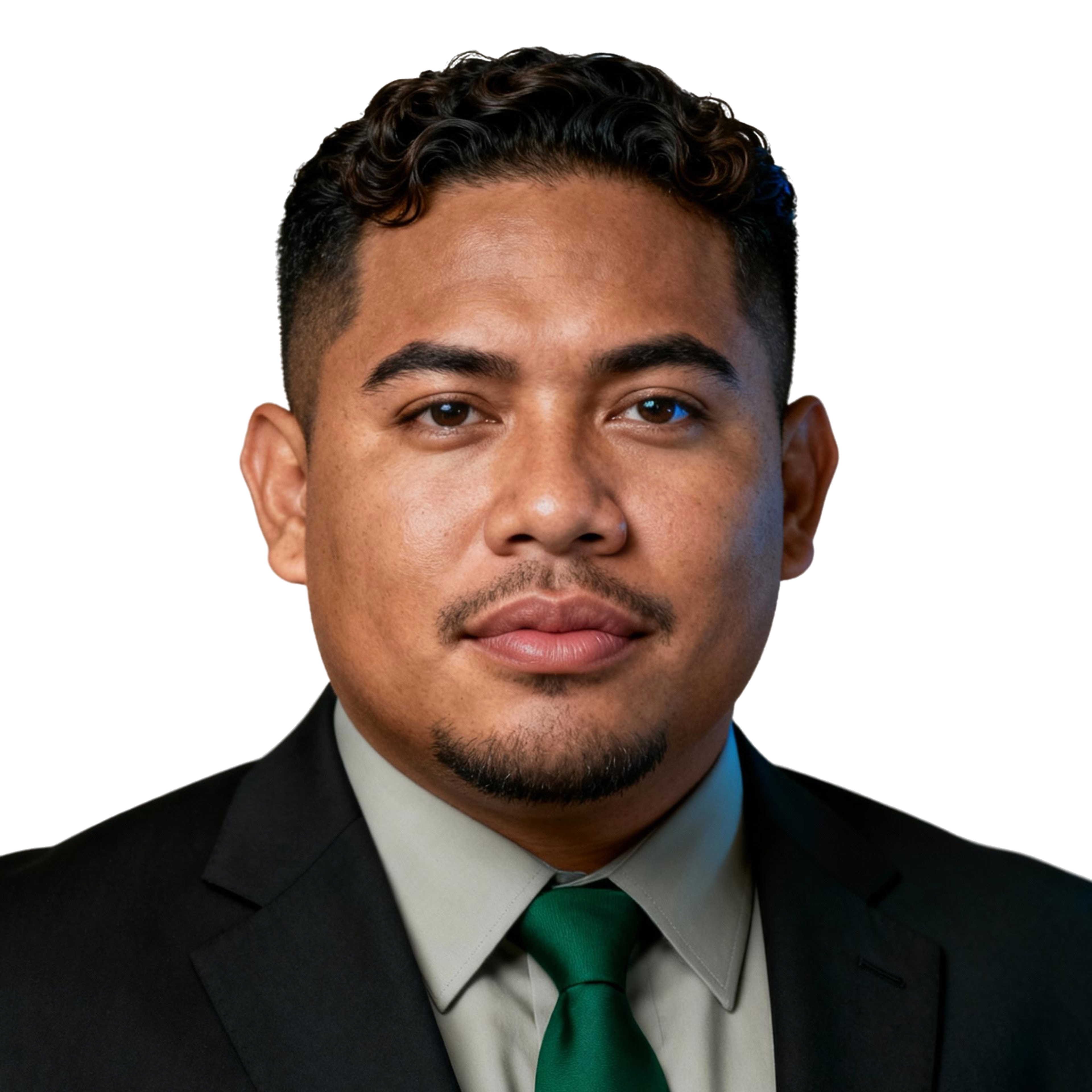 AI-generated portrait of a young man with short wavy hair and trimmed facial hair, wearing a dark suit jacket, collared shirt, and tie, posed with a neutral expression against a transparent background in controlled studio lighting.