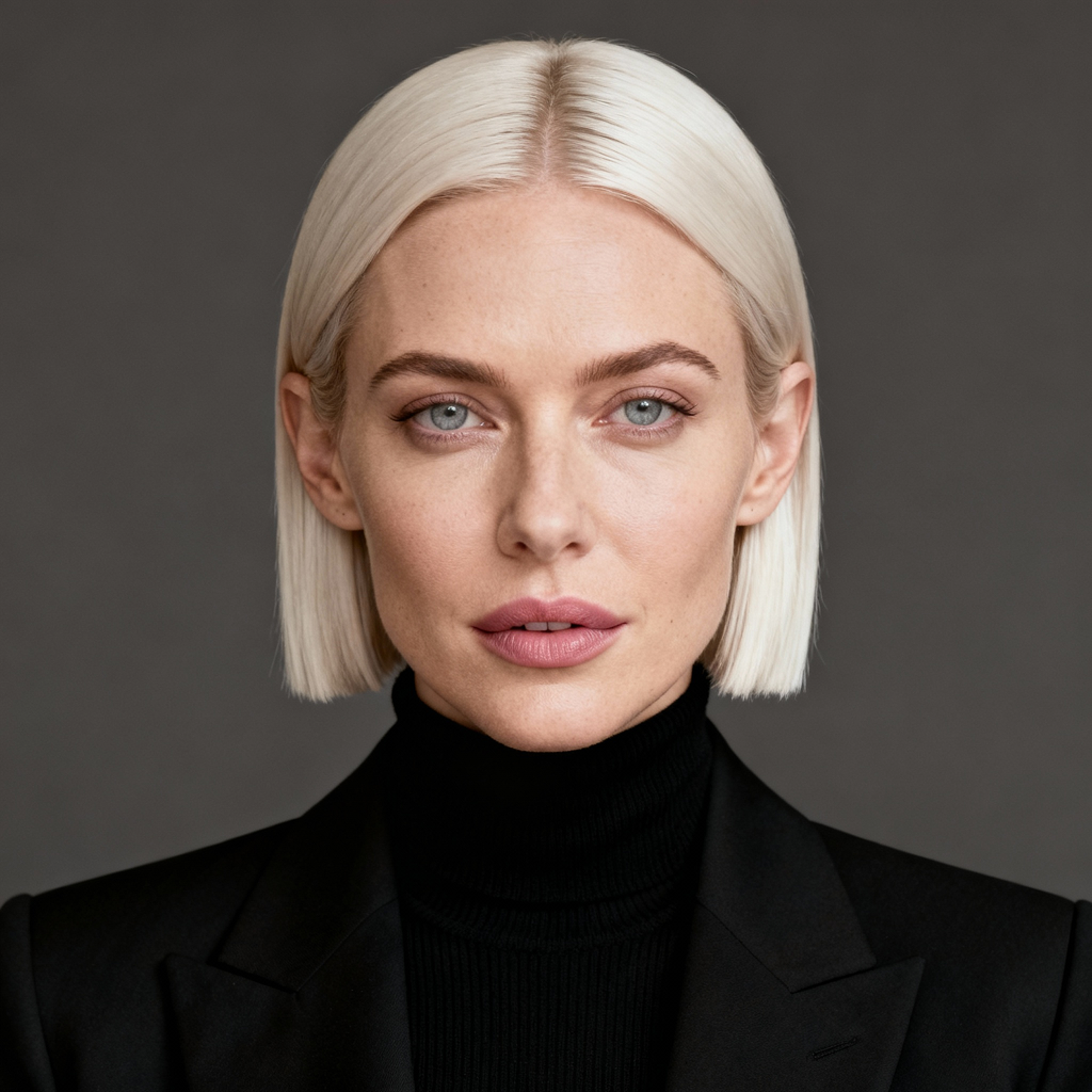 AI-generated portrait of a young woman with straight chin-length hair, wearing a dark blazer over a high-neck top, posed with a neutral expression against a soft gray background in controlled studio lighting.