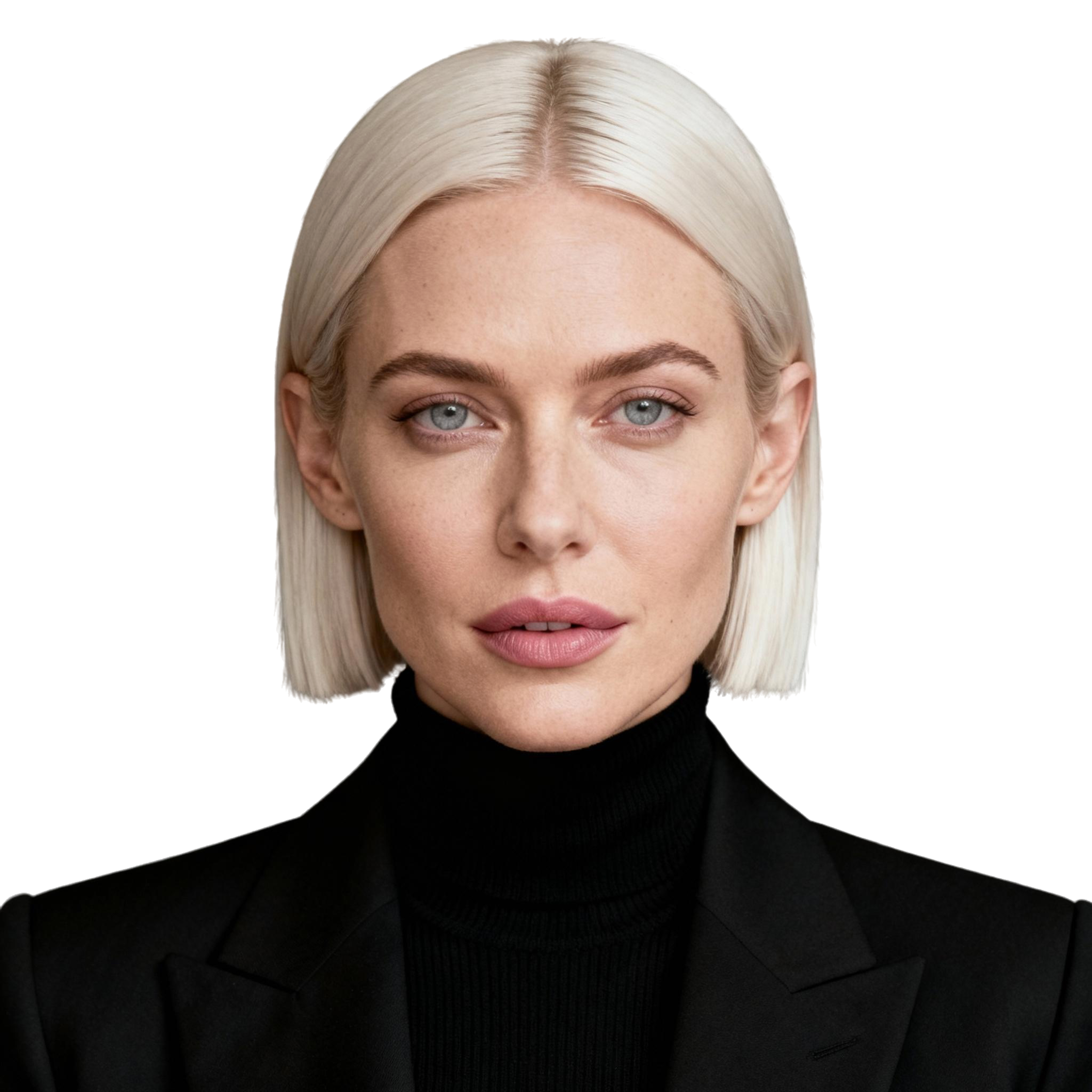 AI-generated portrait of a young woman with straight chin-length hair, wearing a dark blazer over a high-neck top, posed with a neutral expression against a transparent background in controlled studio lighting.