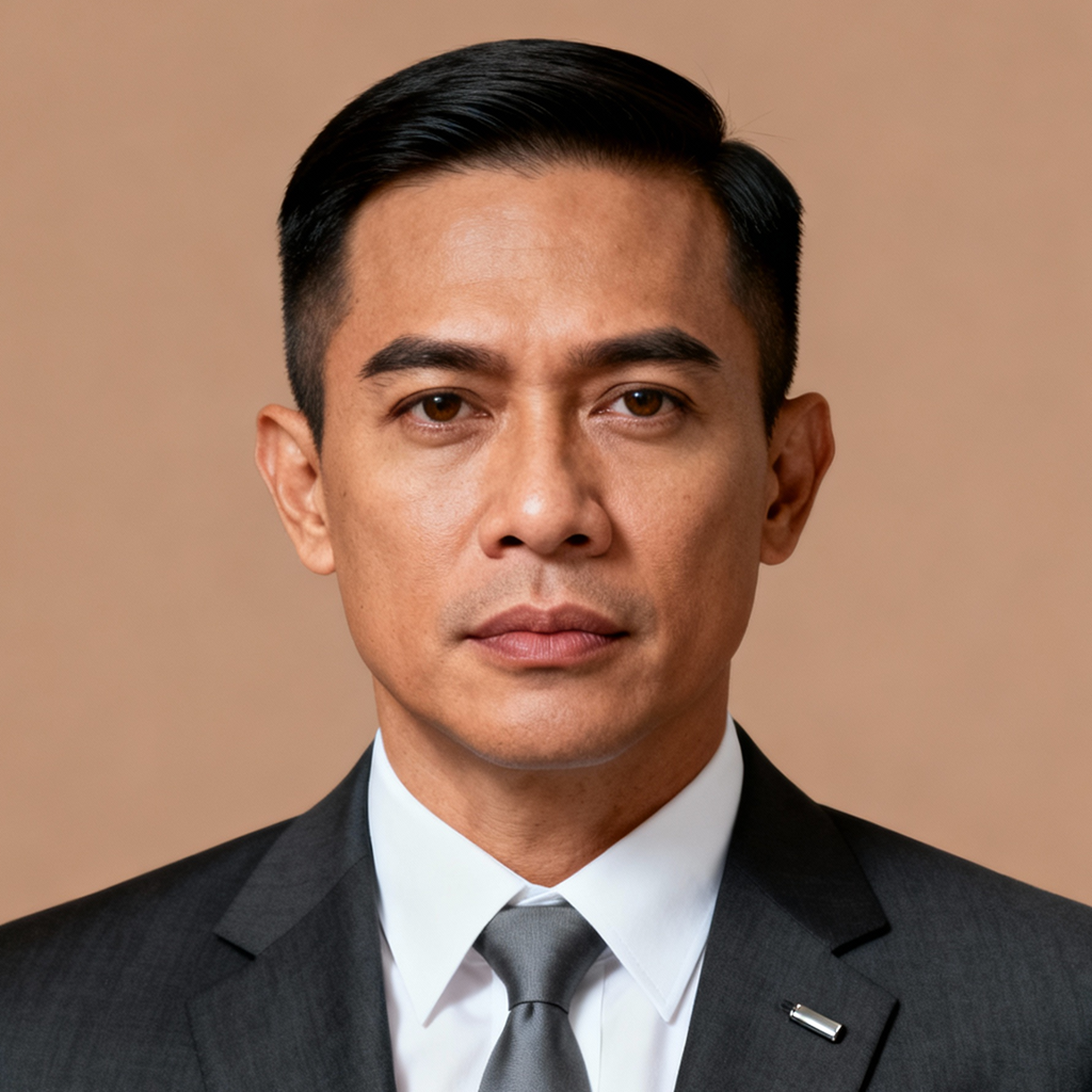 AI-generated portrait of a middle-aged man with neatly combed short hair, wearing a tailored dark suit, white shirt, and tie, posed with a serious expression against a warm stone background in controlled studio lighting.