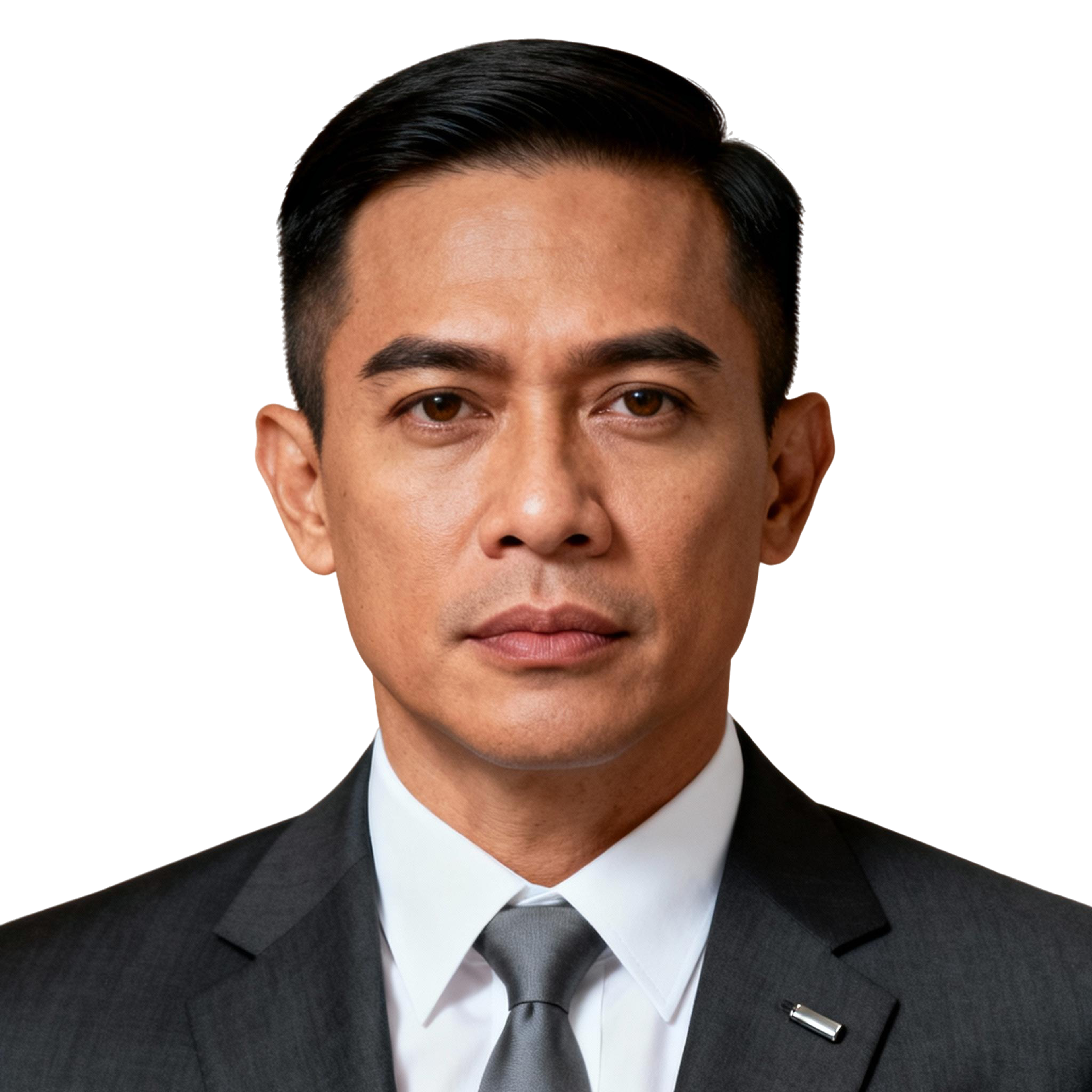 AI-generated portrait of a middle-aged man with neatly combed short hair, wearing a tailored dark suit, white shirt, and tie, posed with a serious expression against a transparent background in controlled studio lighting.
