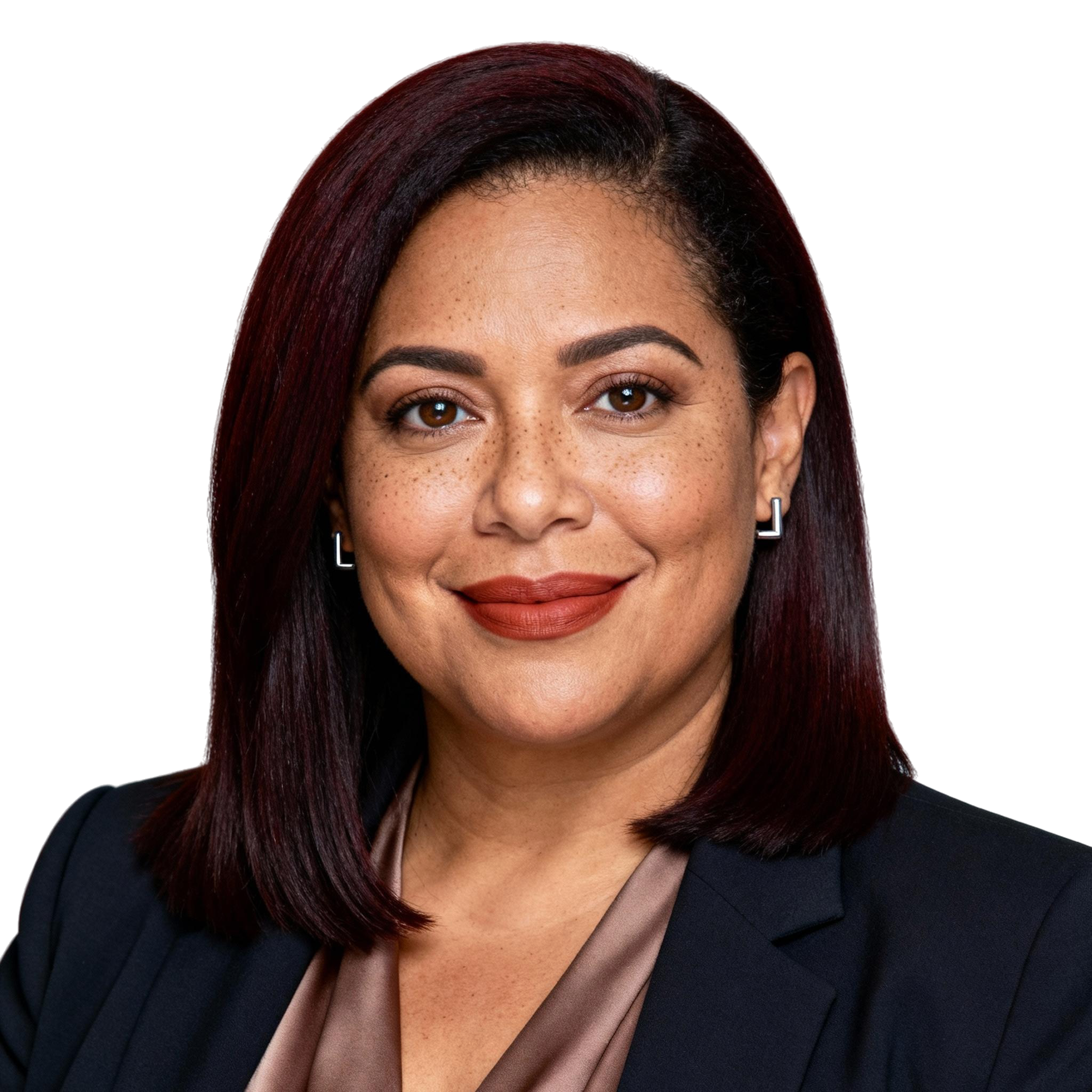 AI-generated portrait of a middle-aged woman with straight shoulder-length hair, wearing a tailored blazer and blouse, posed with a calm expression against a transparent background in controlled studio lighting.