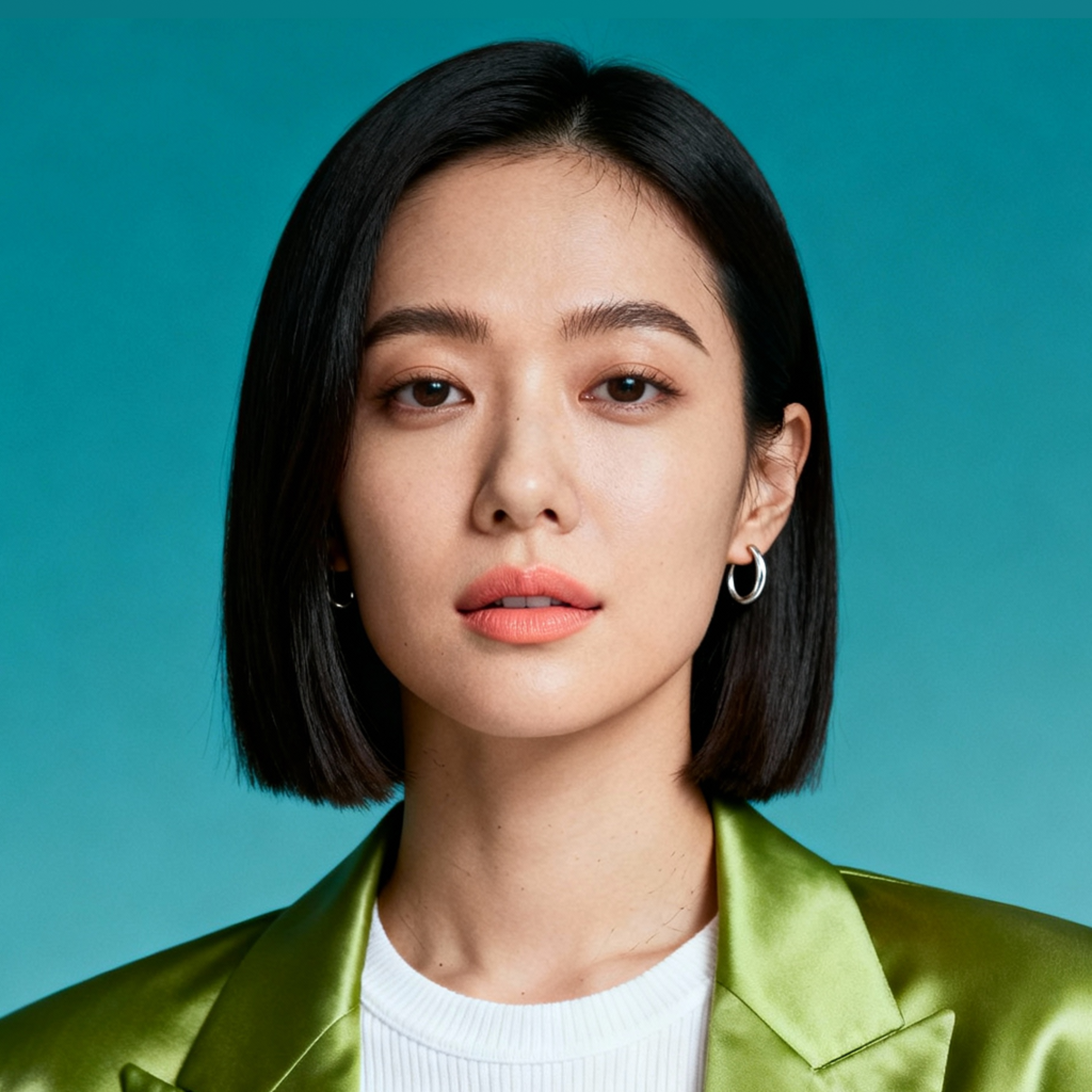 AI-generated portrait of a young woman with a straight bob haircut and defined brows, wearing a satin blazer and top, posed with a composed expression against a teal background in balanced lighting.