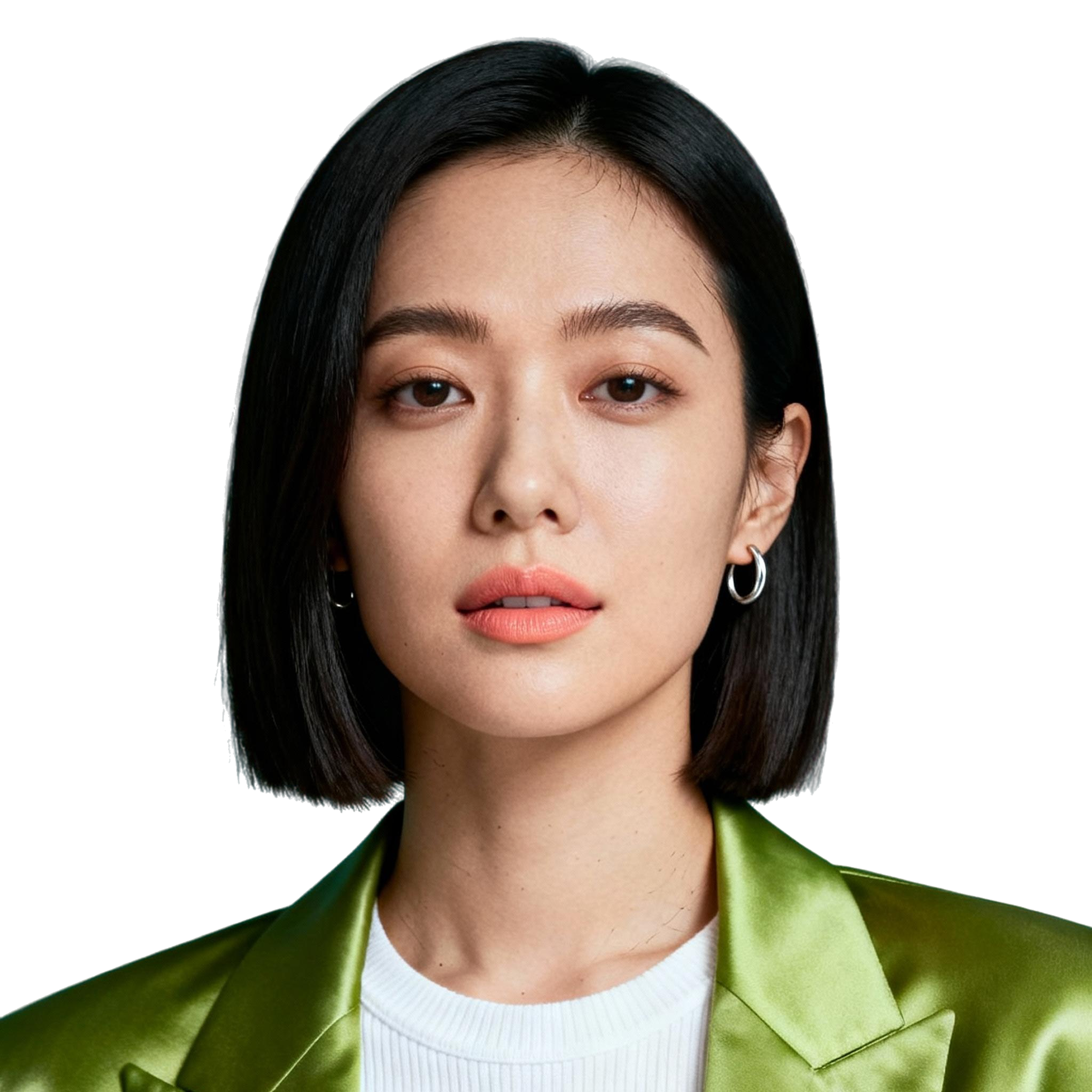 AI-generated portrait of a young woman with a straight bob haircut and defined brows, wearing a satin blazer and top, posed with a composed expression against a transparent background in balanced lighting.