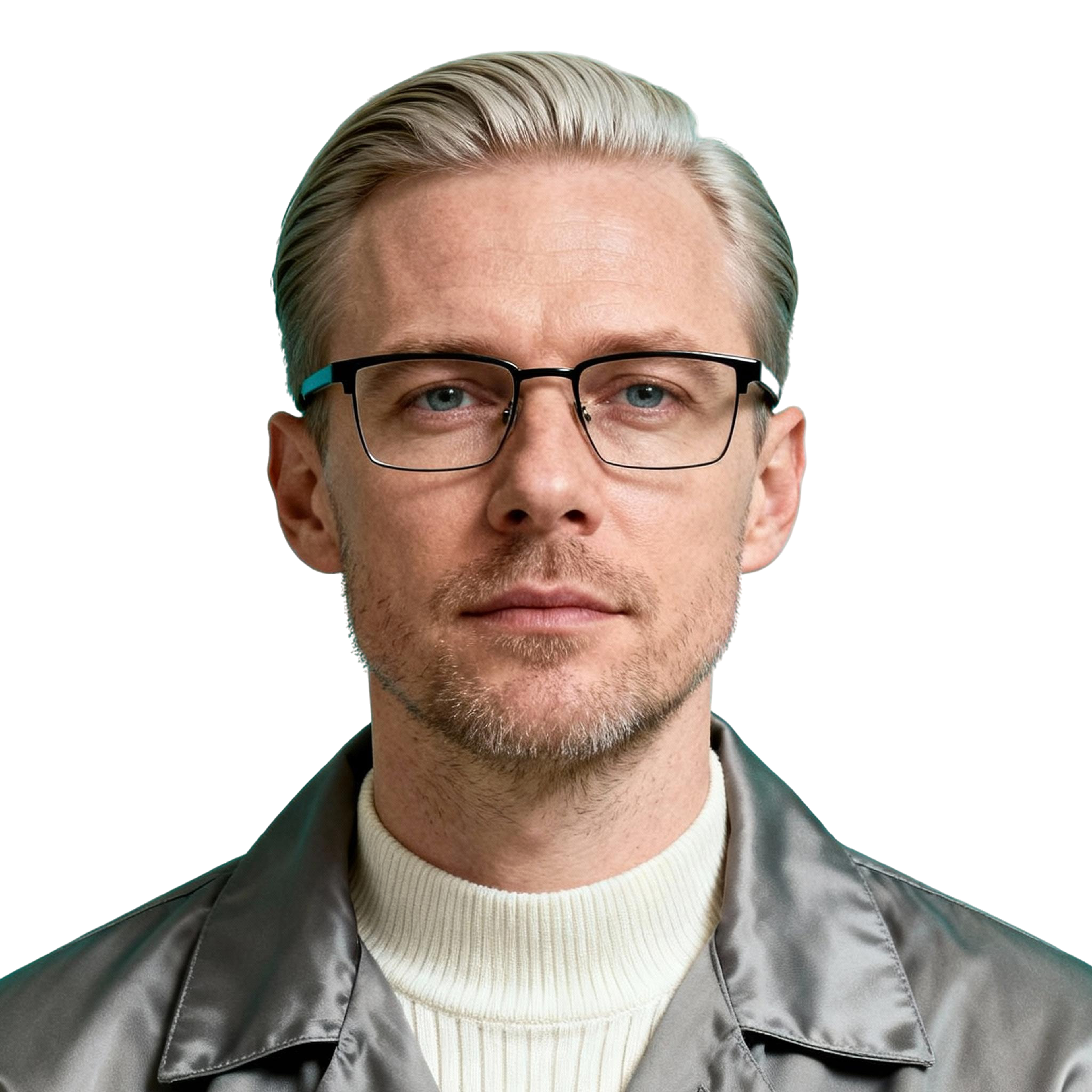 AI-generated portrait of a middle-aged man with short brushed-back hair and light stubble, wearing glasses and a layered jacket, posed with a neutral expression against a transparent background in high-key lighting.