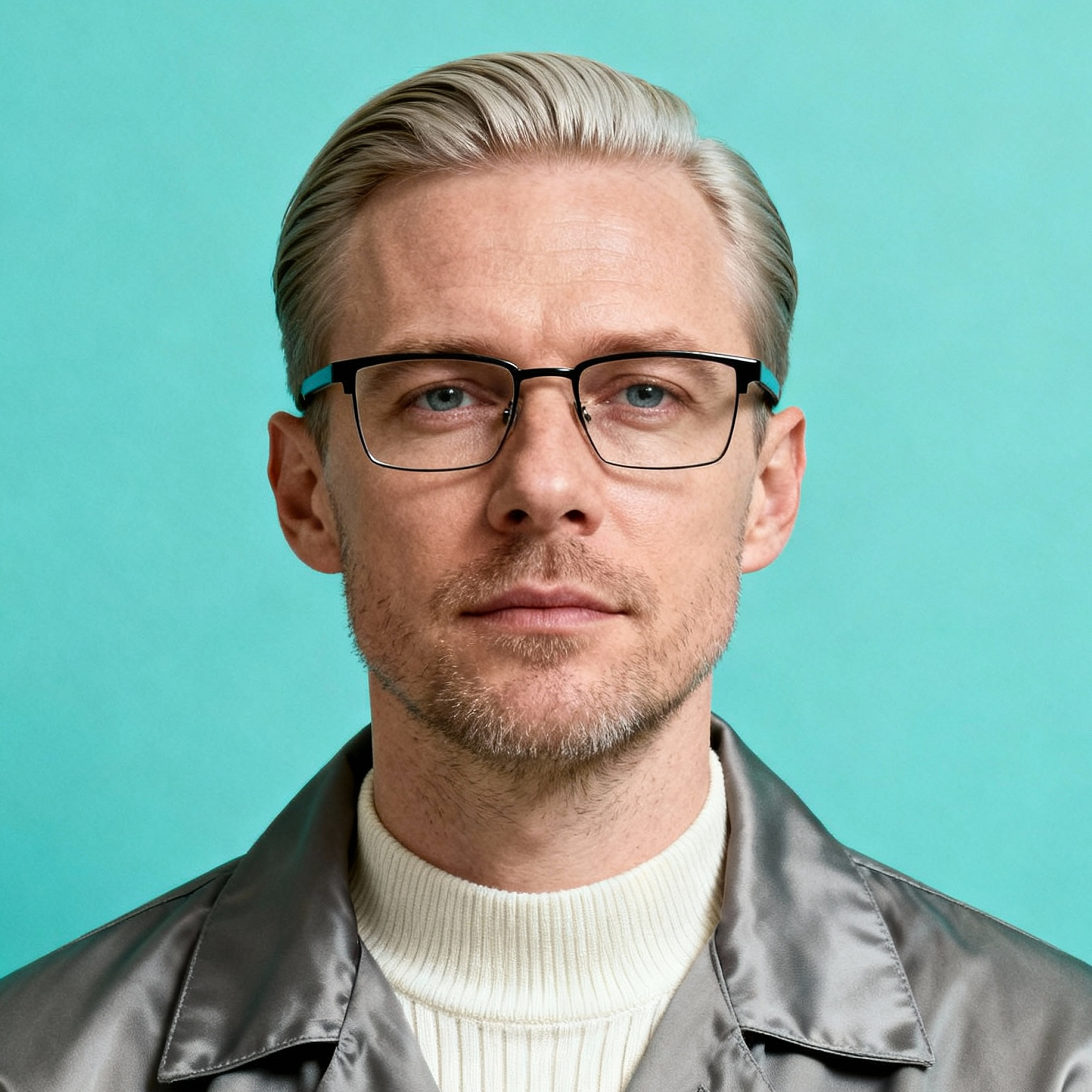 AI-generated portrait of a middle-aged man with short brushed-back hair and light stubble, wearing glasses and a layered jacket, posed with a neutral expression against a mint background in high-key lighting.