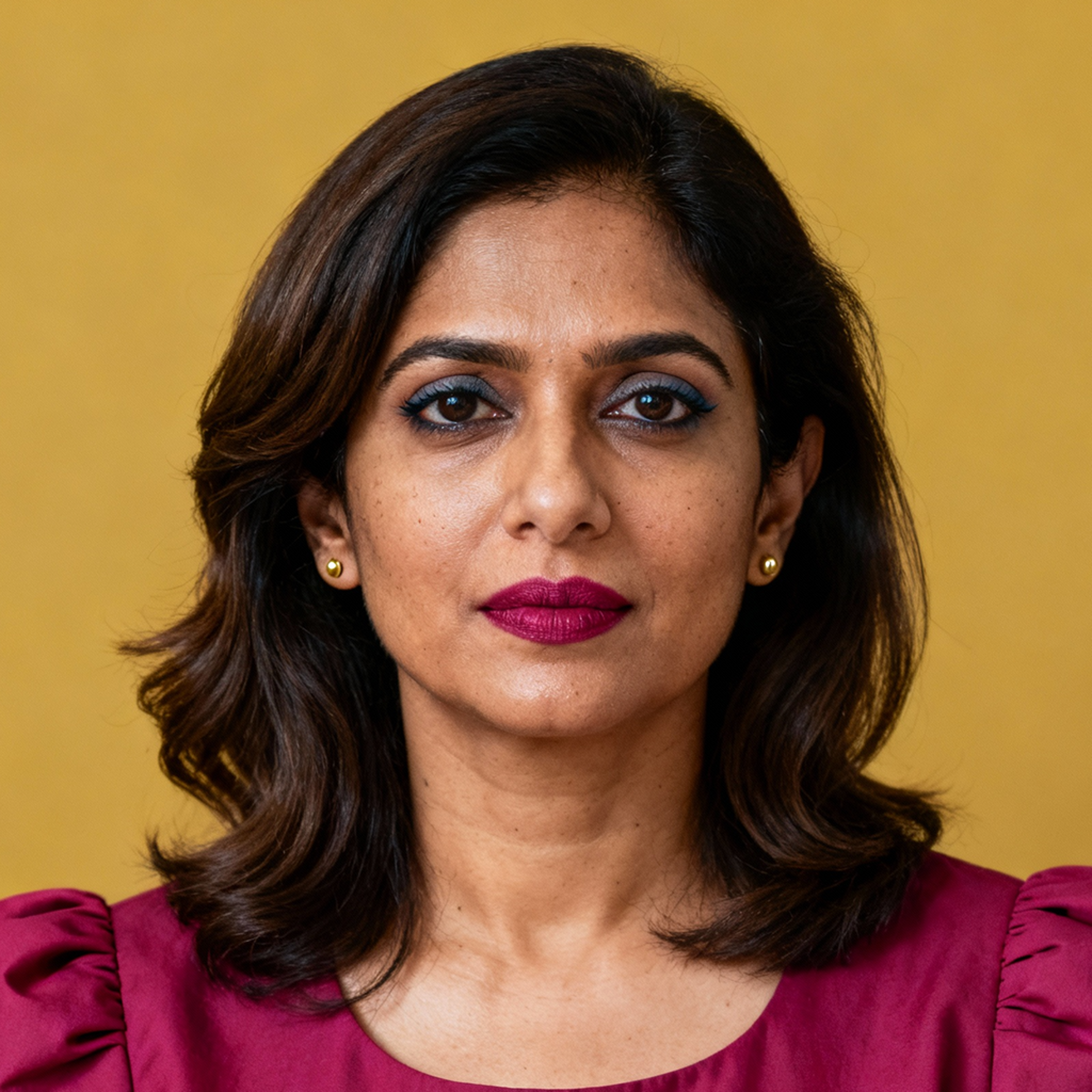 AI-generated portrait of a middle-aged woman with shoulder-length hair and defined eyes, wearing a structured top, posed with a confident expression against a golden yellow background in balanced lighting.