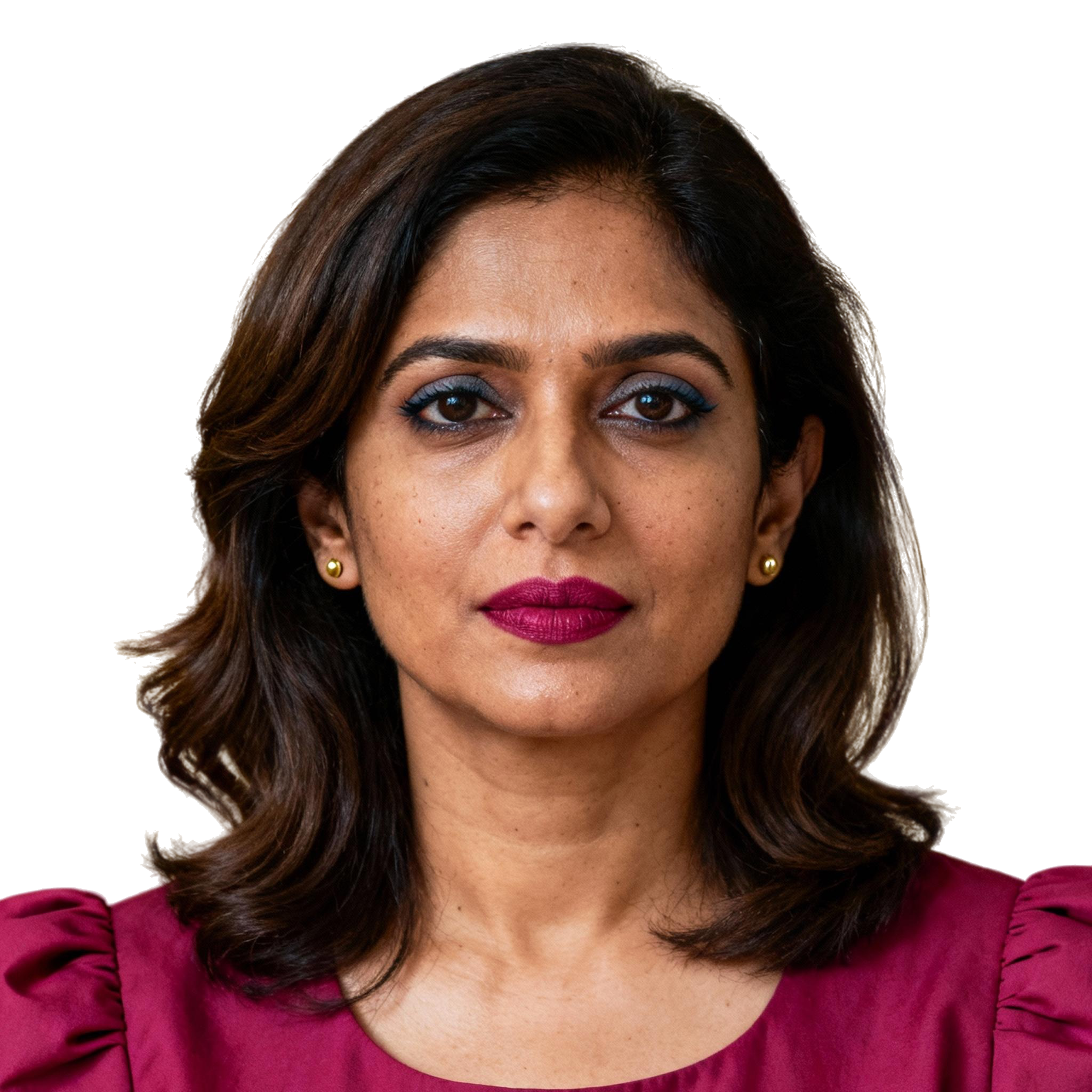 AI-generated portrait of a middle-aged woman with shoulder-length hair and defined eyes, wearing a structured top, posed with a confident expression against a transparent background in balanced lighting.