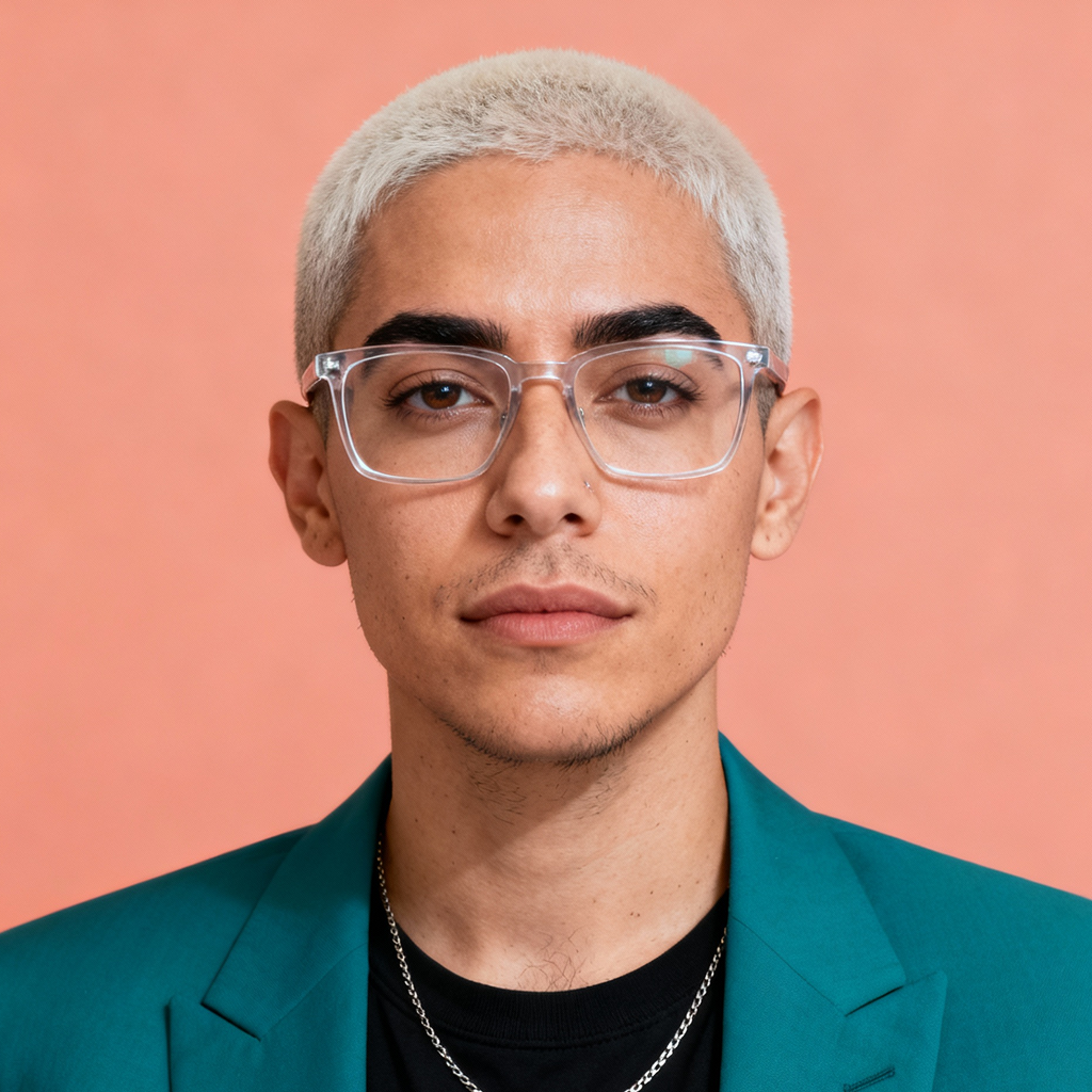 AI-generated portrait of a young person with closely cropped hair and glasses, wearing a blazer and necklace, posed with a neutral expression against a coral background in high-key lighting.