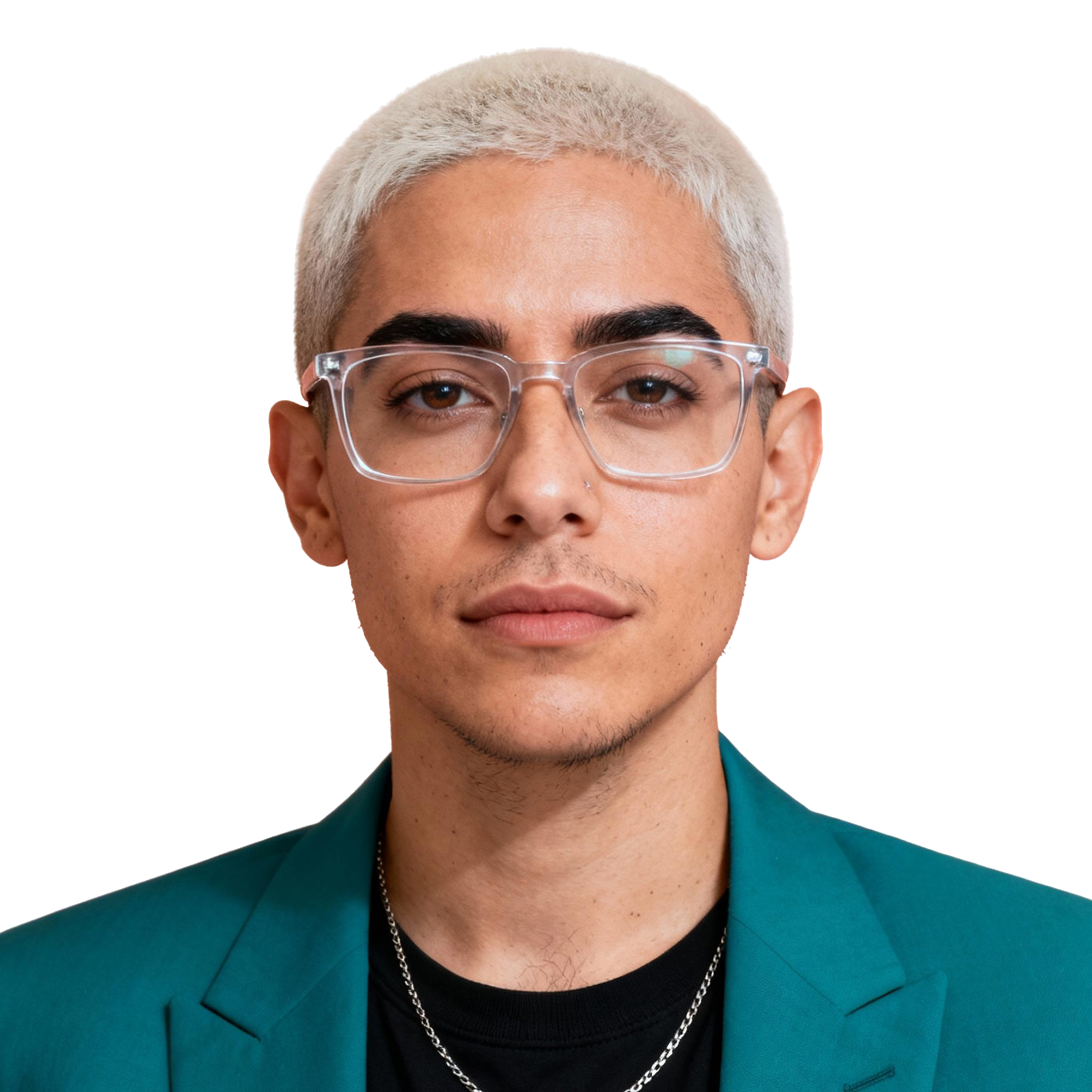 AI-generated portrait of a young person with closely cropped hair and glasses, wearing a blazer and necklace, posed with a neutral expression against a transparent background in high-key lighting.
