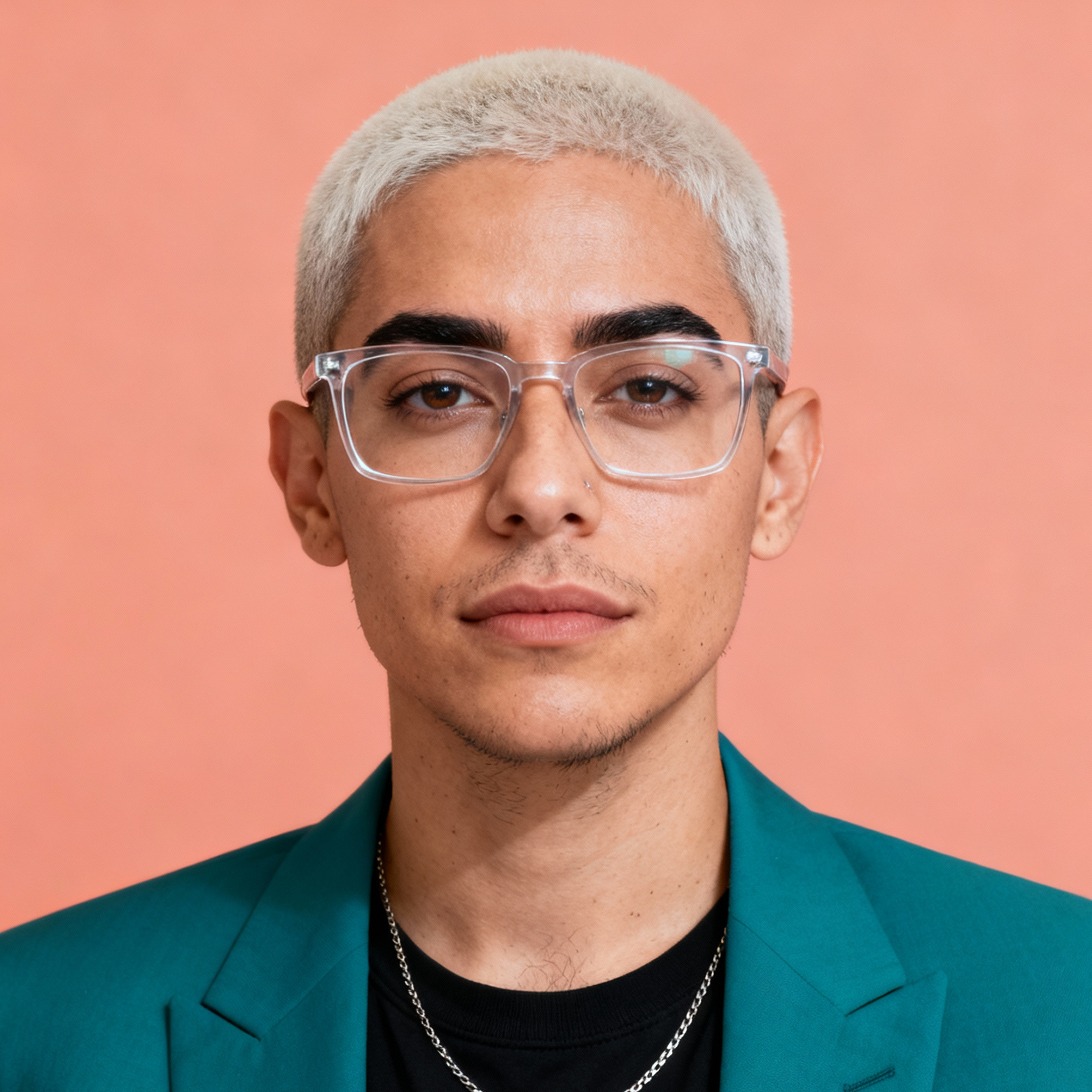 AI-generated portrait of a young person with closely cropped hair and glasses, wearing a blazer and necklace, posed with a neutral expression against a coral background in high-key lighting.