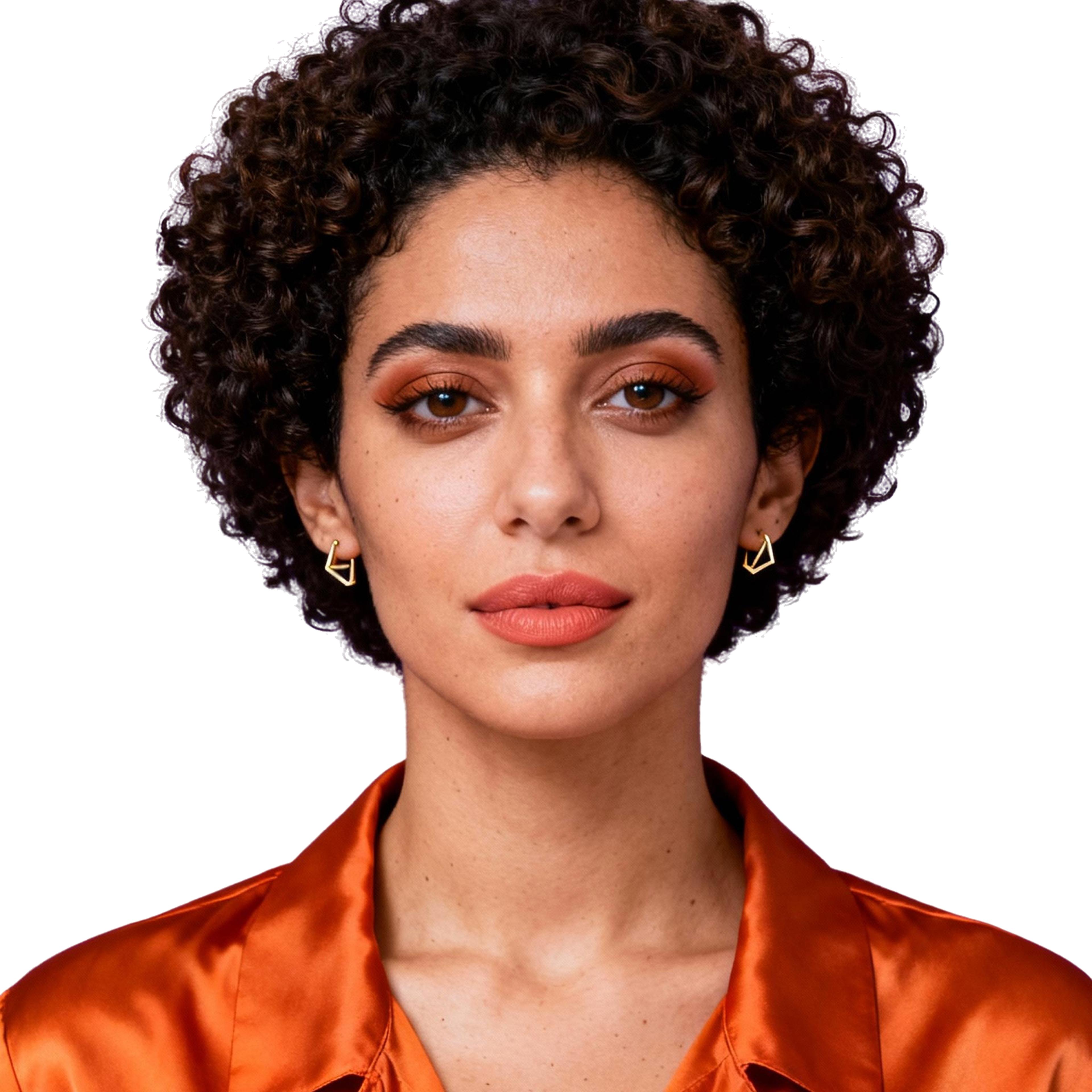 AI-generated portrait of a young woman with short curly hair and defined brows, wearing statement earrings and a satin blouse, posed with a confident expression against a transparent background in high-key lighting.