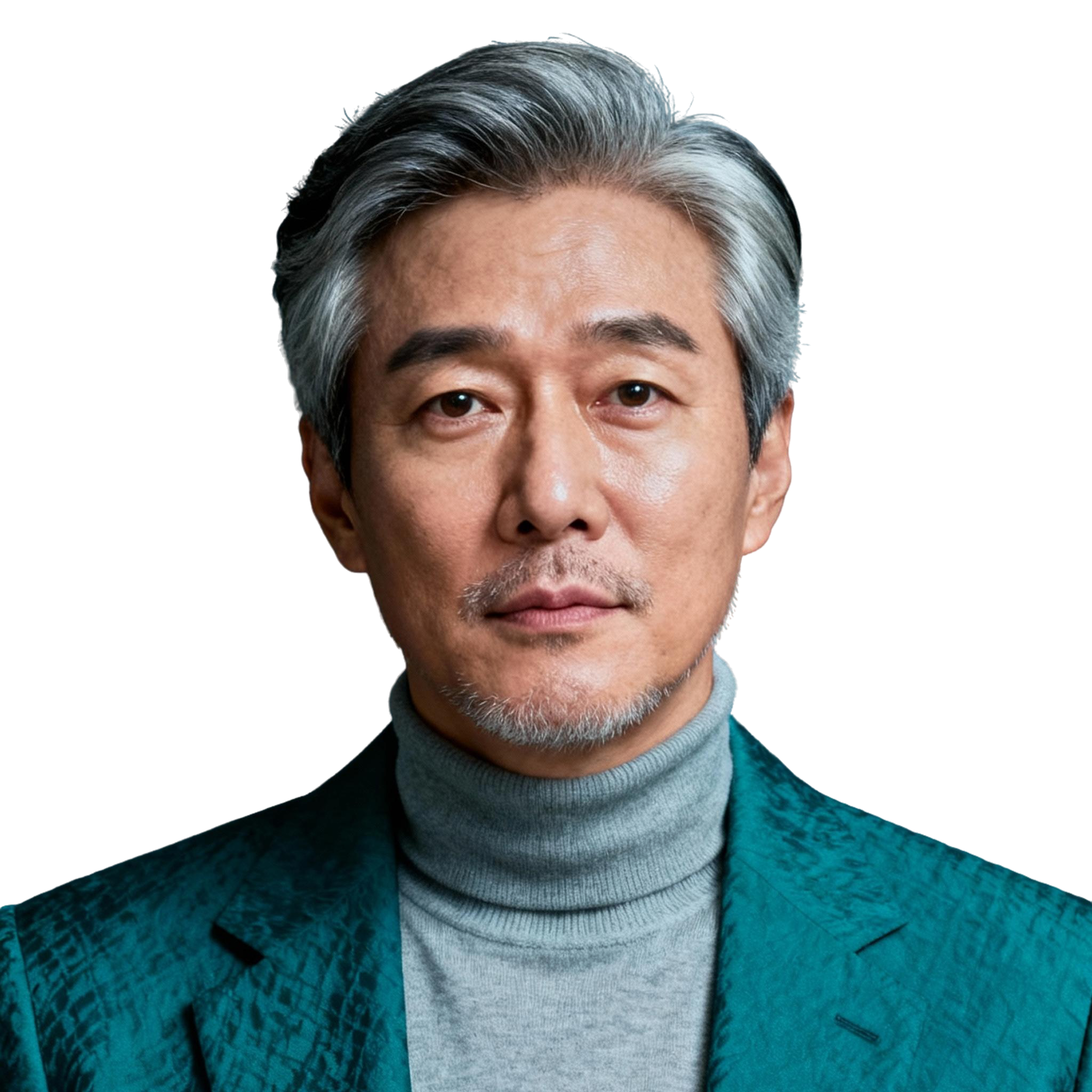 AI-generated portrait of a middle-aged man with neatly styled salt-and-pepper hair and light facial hair, wearing a textured blazer and turtleneck, posed with a calm expression against a transparent background in balanced lighting.