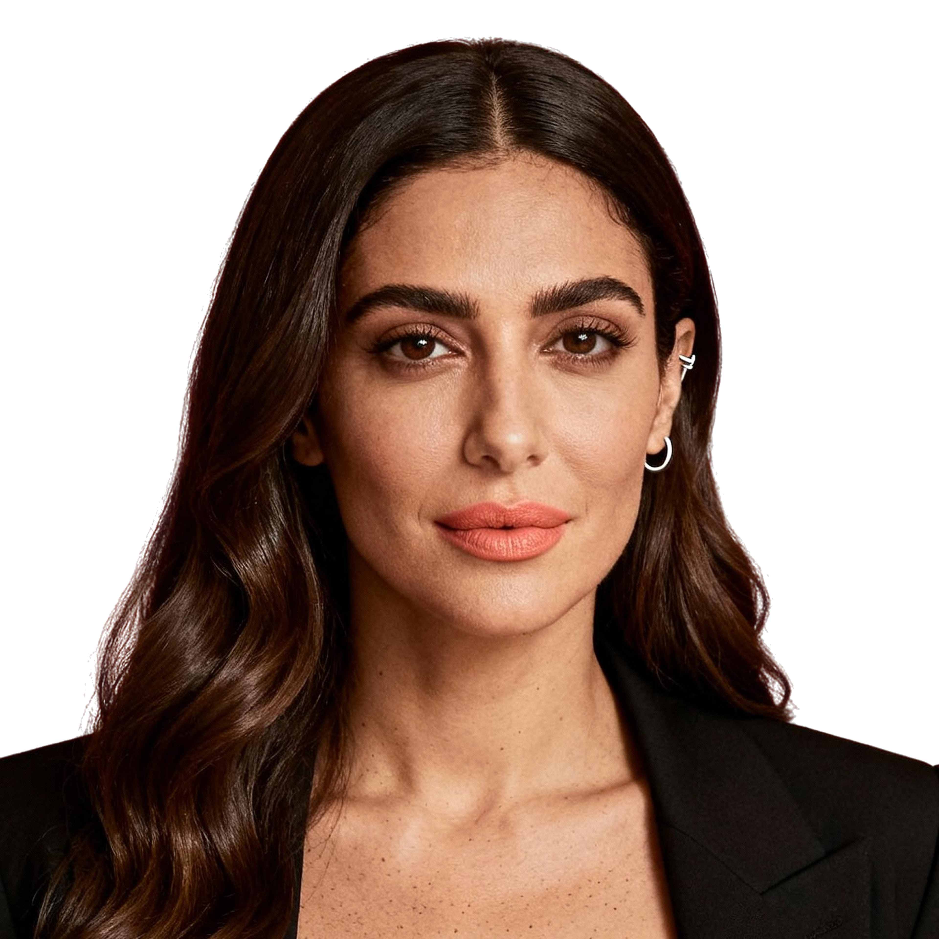 AI-generated portrait of a young woman with long wavy hair and defined brows, wearing a tailored blazer, posed with a confident expression against a transparent background in balanced lighting.