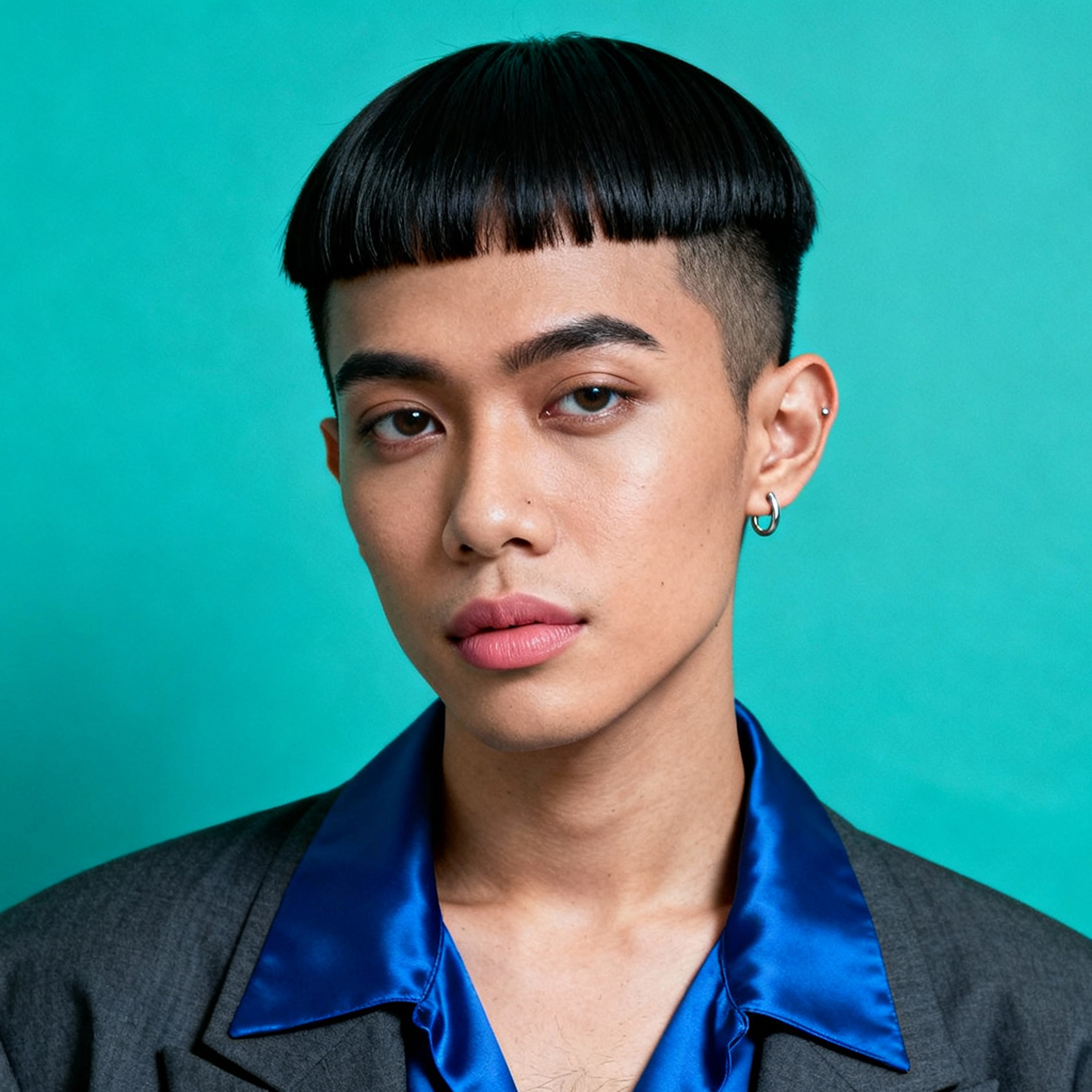 AI-generated portrait of a young person with a cropped bowl haircut and clean features, wearing a satin-collared shirt and blazer, posed with a neutral expression against a teal background in high-key lighting.