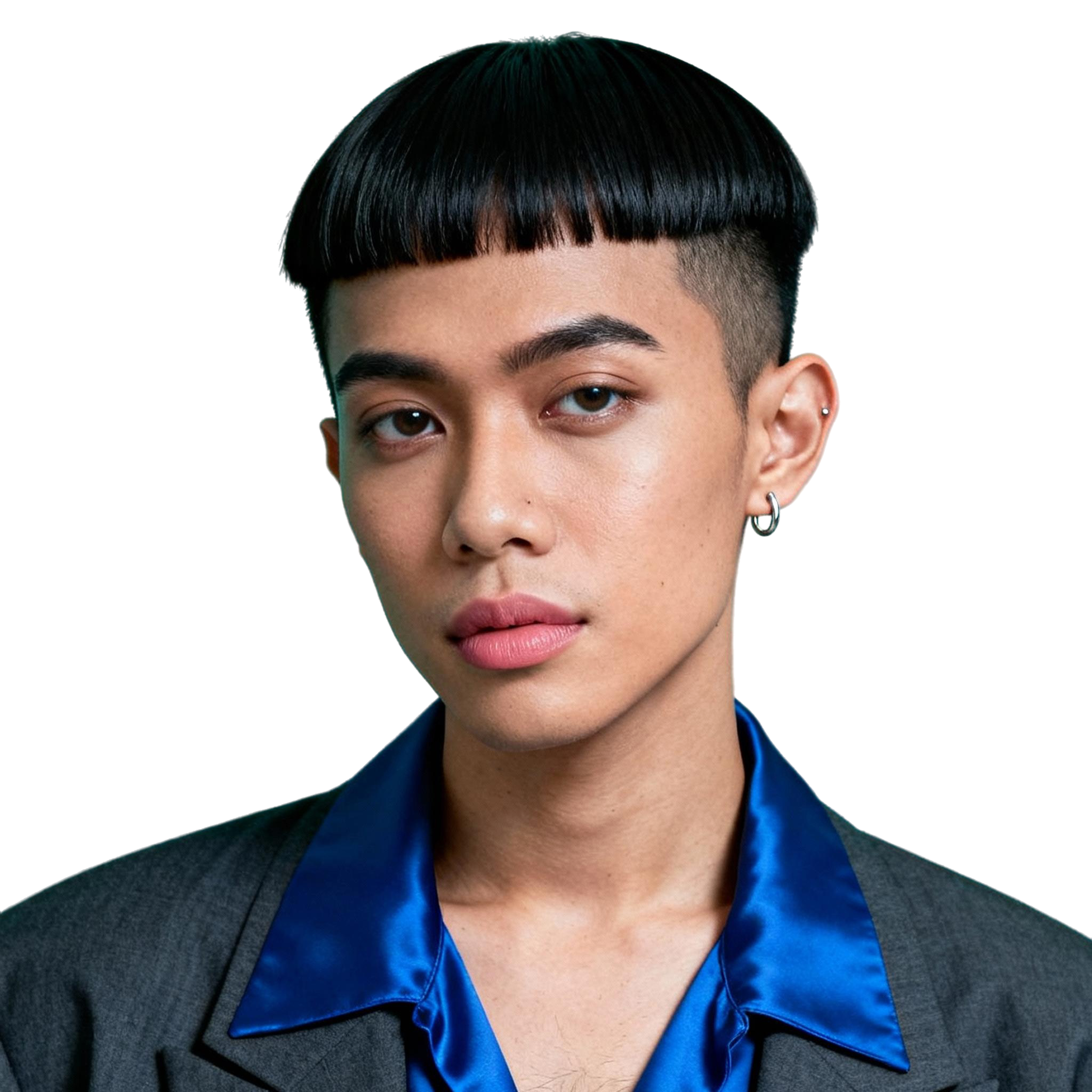 AI-generated portrait of a young person with a cropped bowl haircut and clean features, wearing a satin-collared shirt and blazer, posed with a neutral expression against a transparent background in high-key lighting.