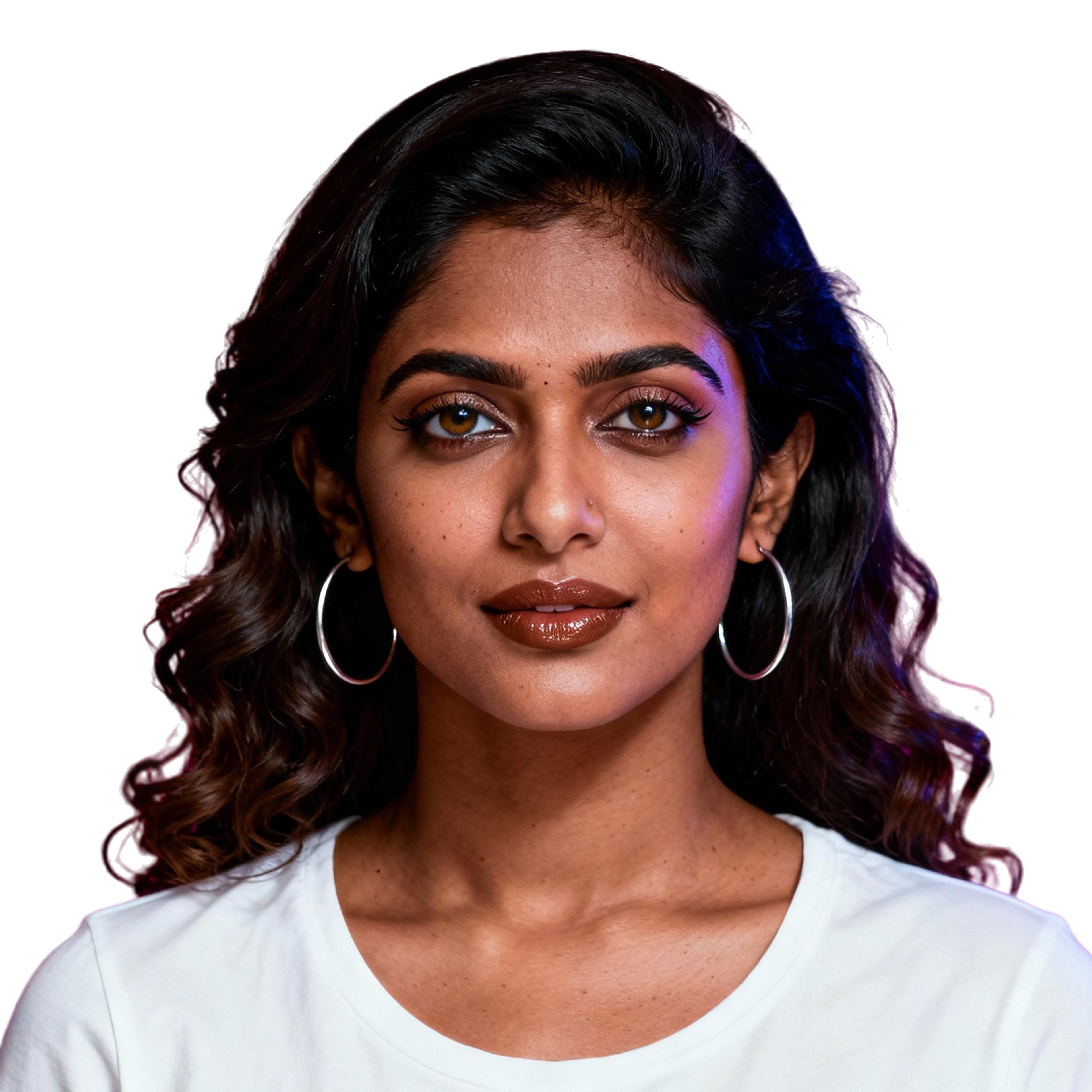 AI-generated portrait of a young woman with long wavy hair and defined brows, wearing a white top and hoop earrings, posed with a neutral expression against a transparent background in soft mixed lighting.