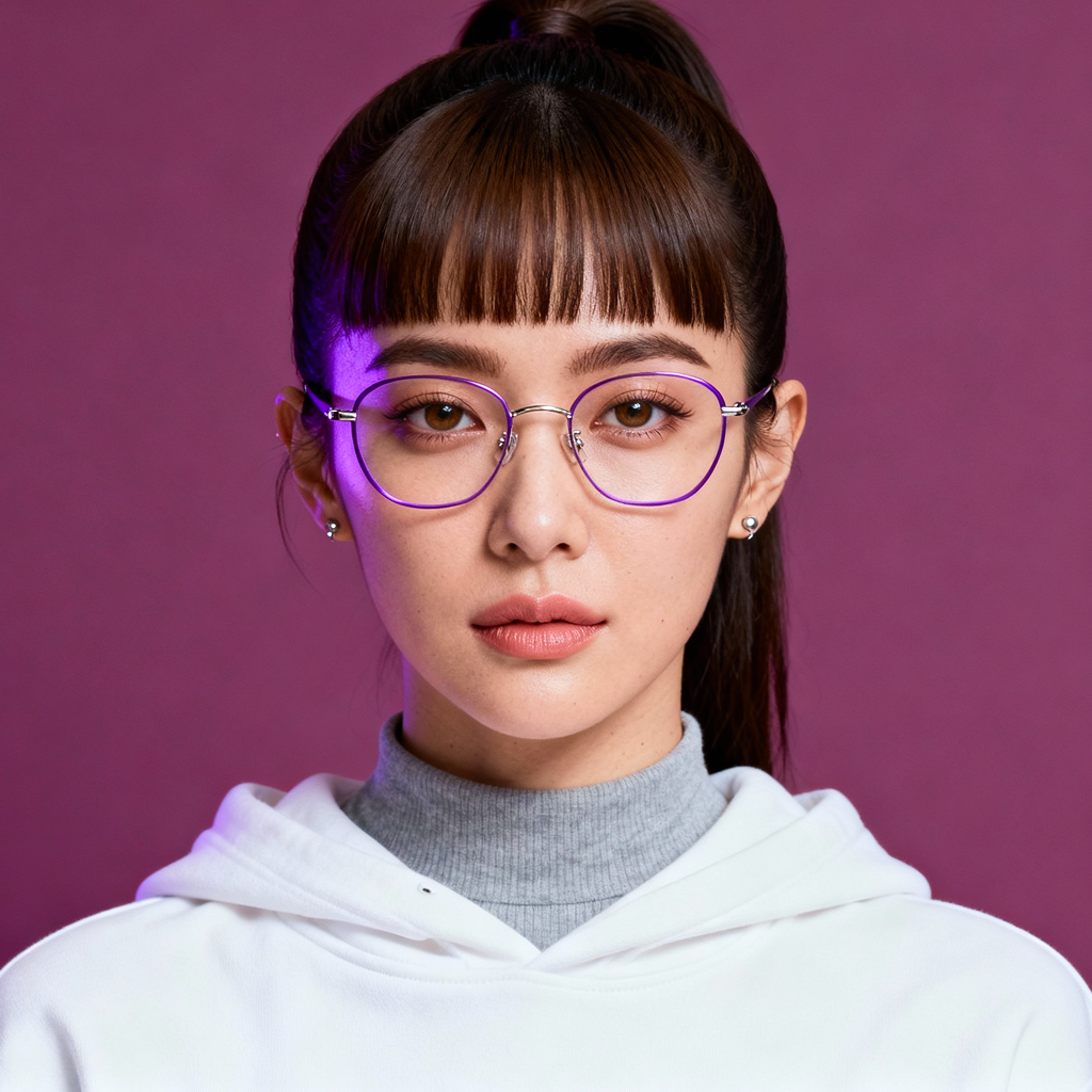 AI-generated portrait of a young woman with straight hair and blunt bangs, wearing round glasses and a hoodie, posed with a neutral expression against a muted purple background in mixed lighting.