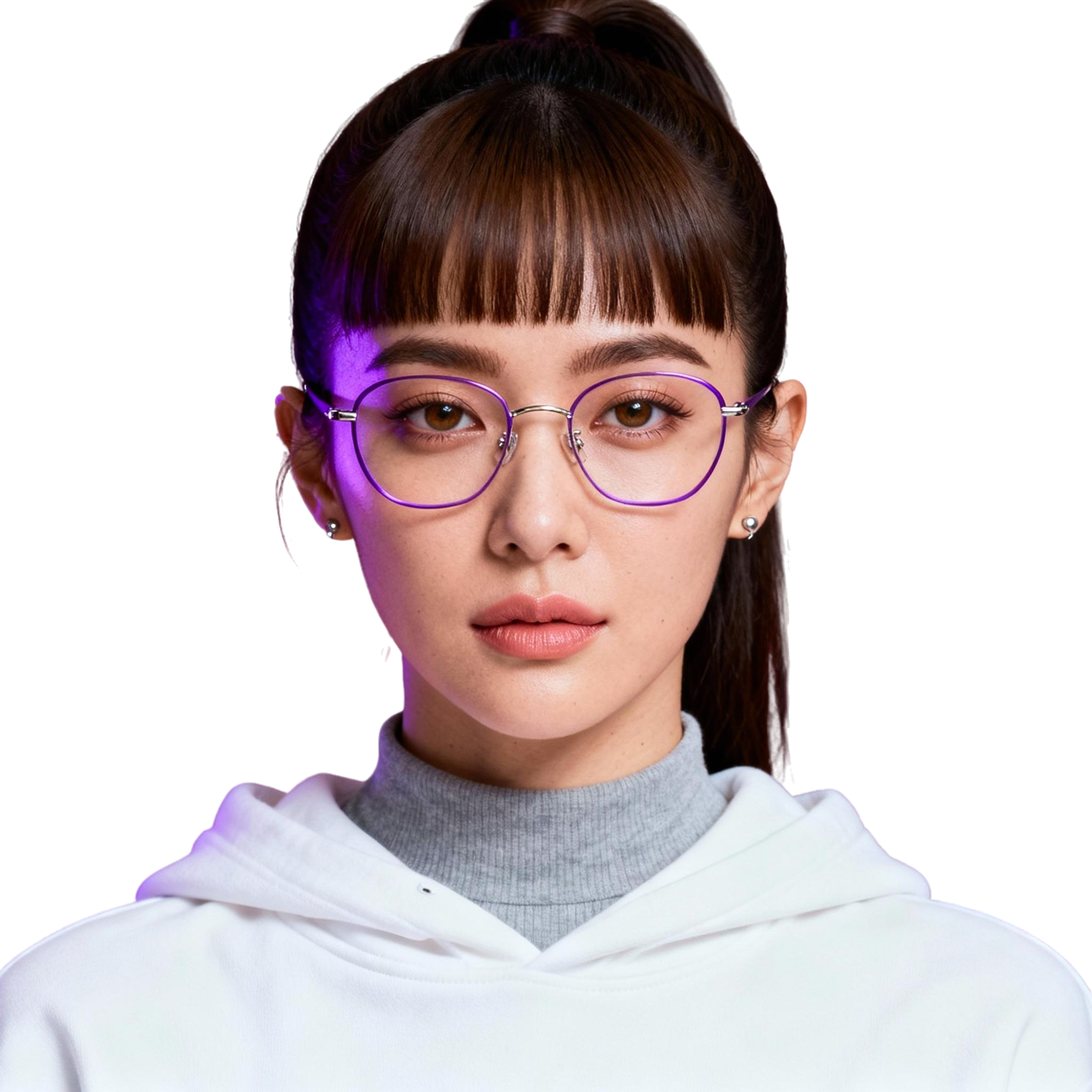 AI-generated portrait of a young woman with straight hair and blunt bangs, wearing round glasses and a hoodie, posed with a neutral expression against a transparent background in mixed lighting.