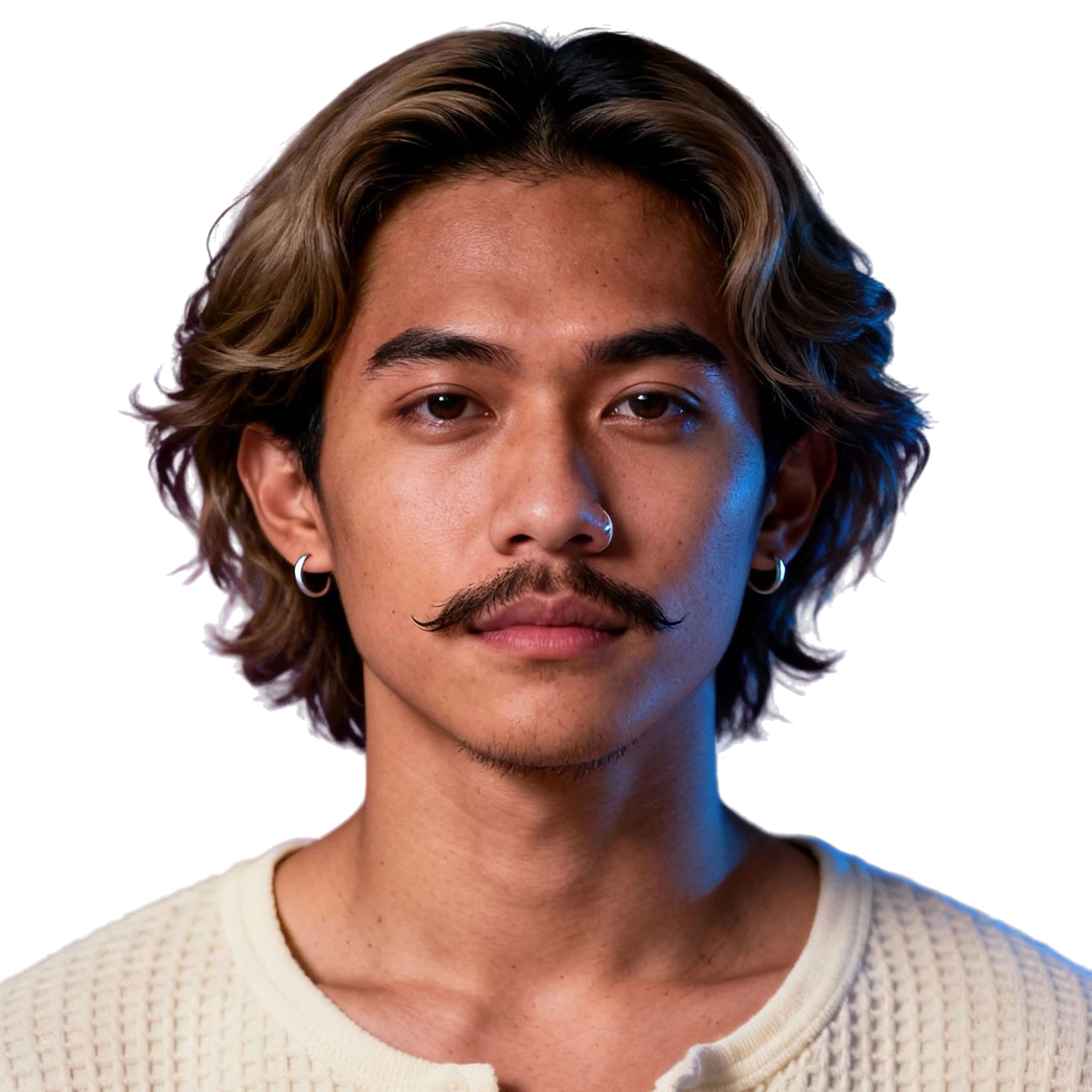 AI-generated portrait of a young man with medium-length wavy hair and a mustache, wearing a textured sweater, posed with a calm expression against a transparent background in mixed lighting.