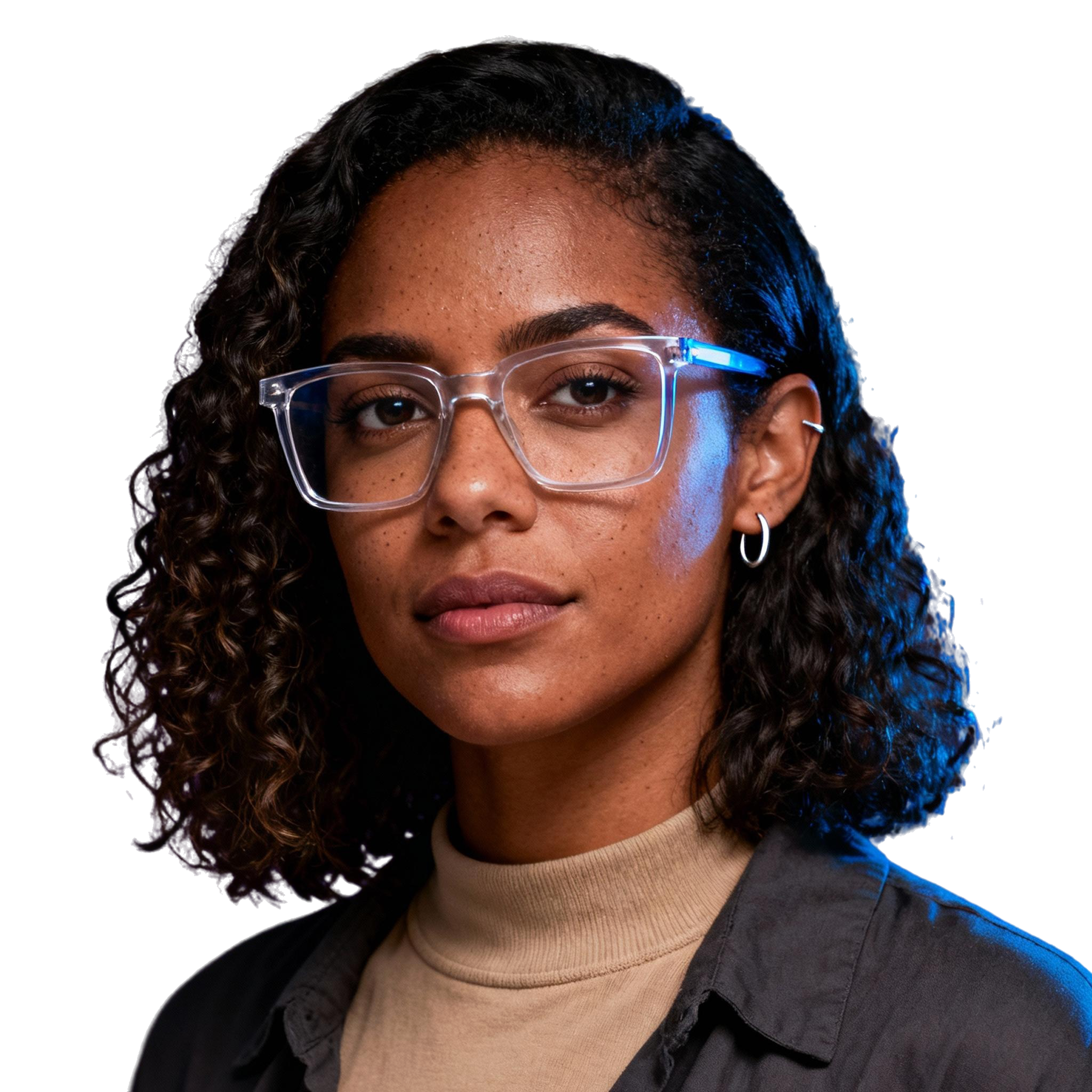 AI-generated portrait of a young woman with shoulder-length curly hair and glasses, wearing a layered top and jacket, posed with a neutral expression against a transparent background in mixed lighting.
