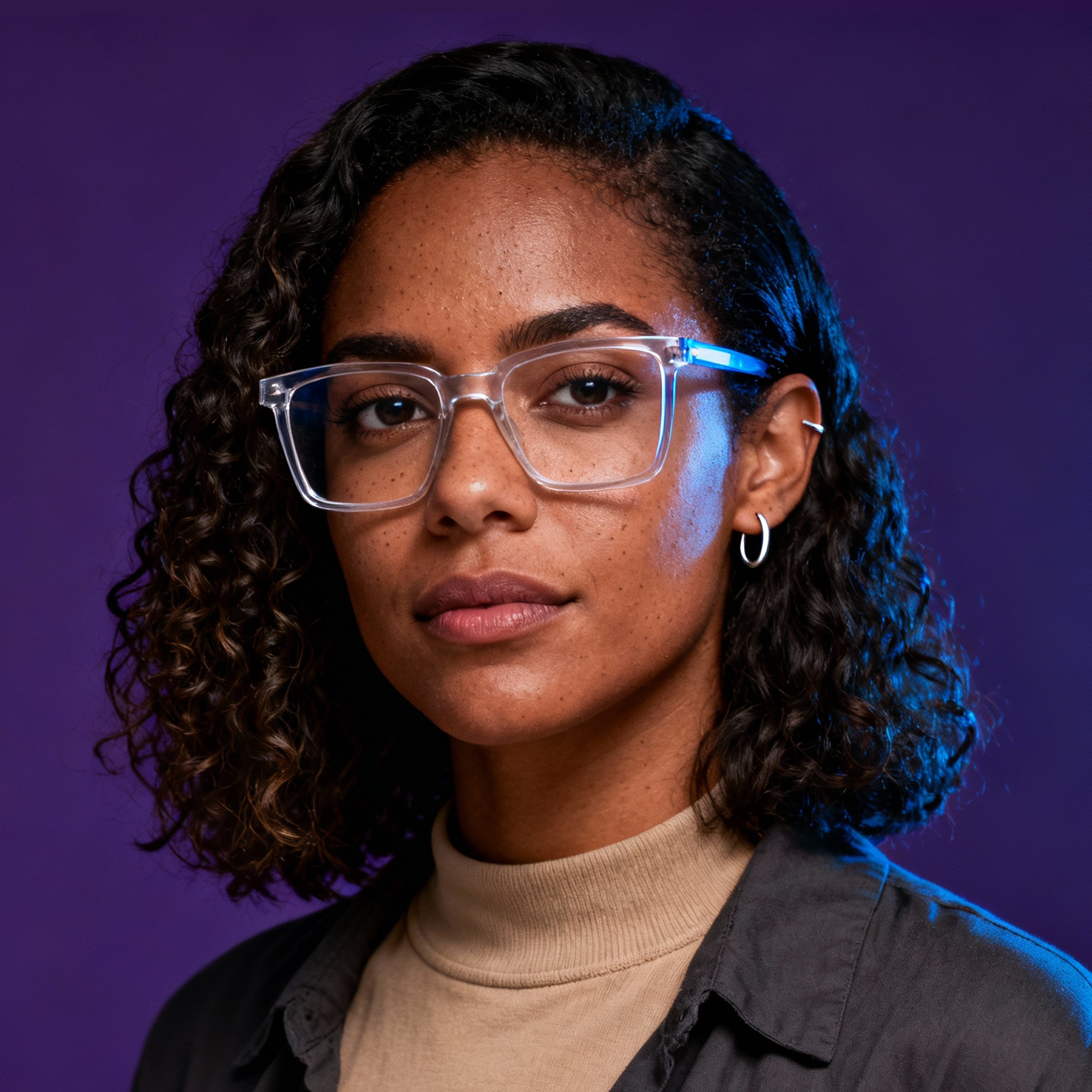 AI-generated portrait of a young woman with shoulder-length curly hair and glasses, wearing a layered top and jacket, posed with a neutral expression against a deep purple background in mixed lighting.