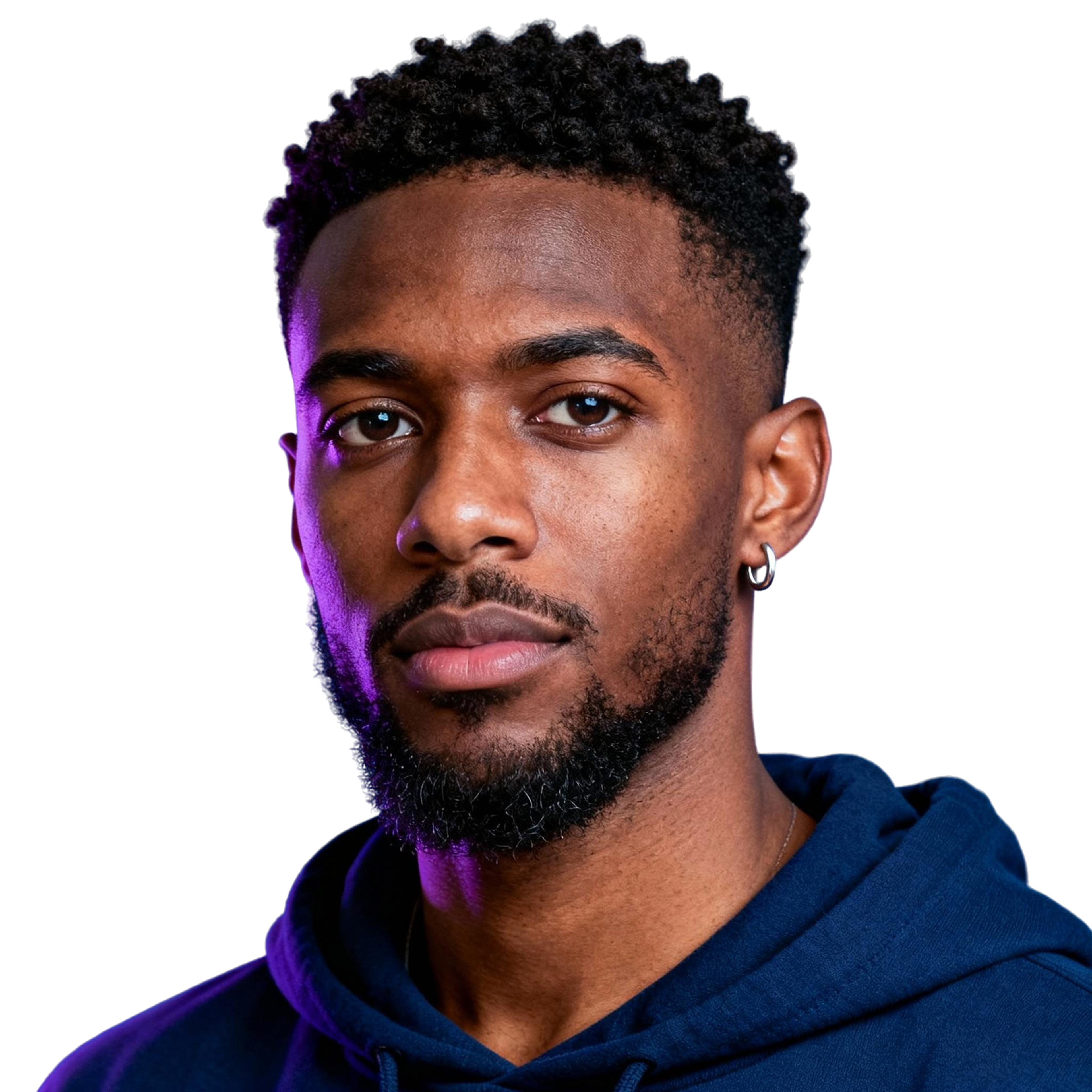 AI-generated portrait of a young man with short textured hair and a trimmed beard, wearing a hoodie, posed with a calm expression against a transparent background in mixed lighting.