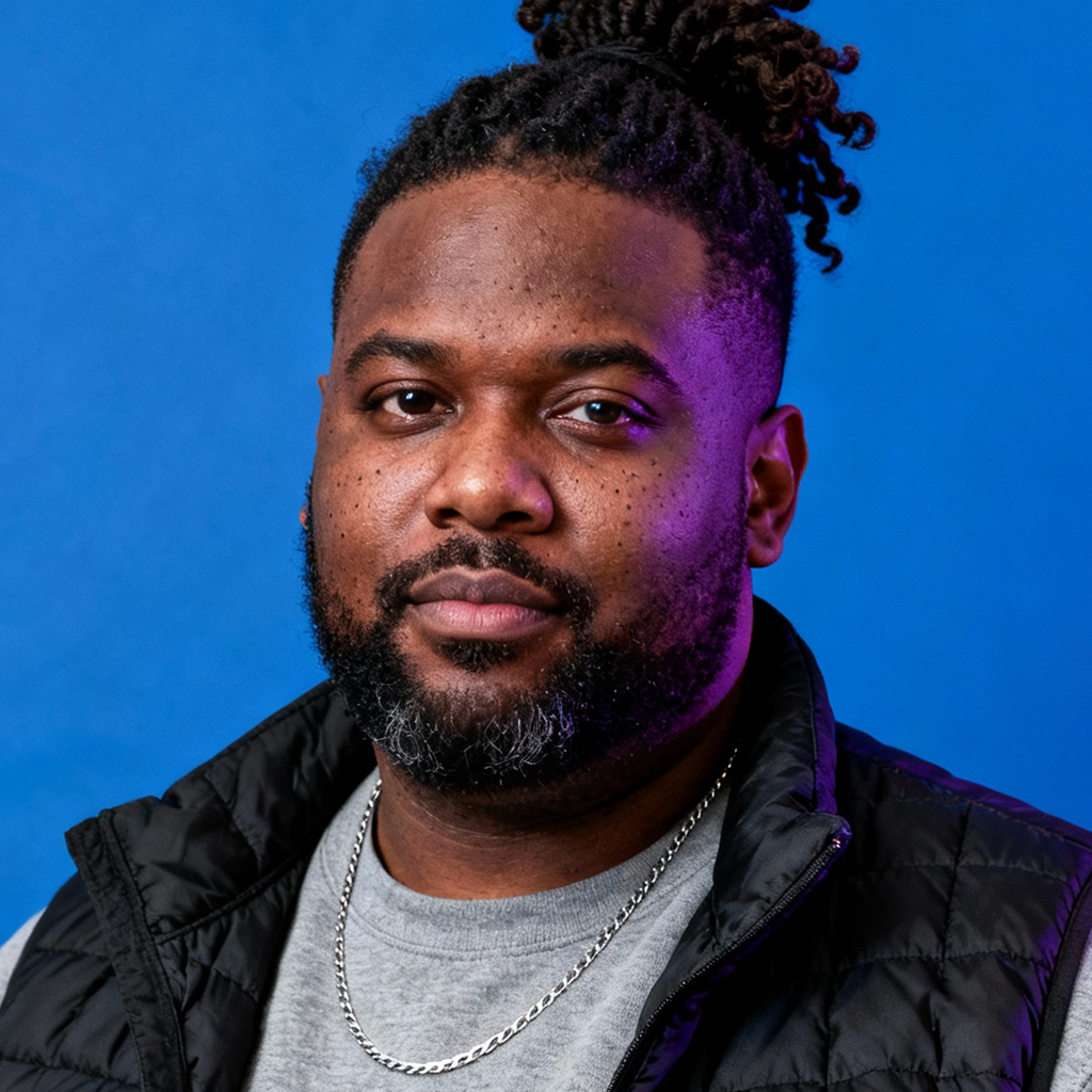 AI-generated portrait of a middle-aged man with short hair and a full beard, wearing a quilted vest and T-shirt, posed with a neutral expression against a blue background in mixed lighting.
