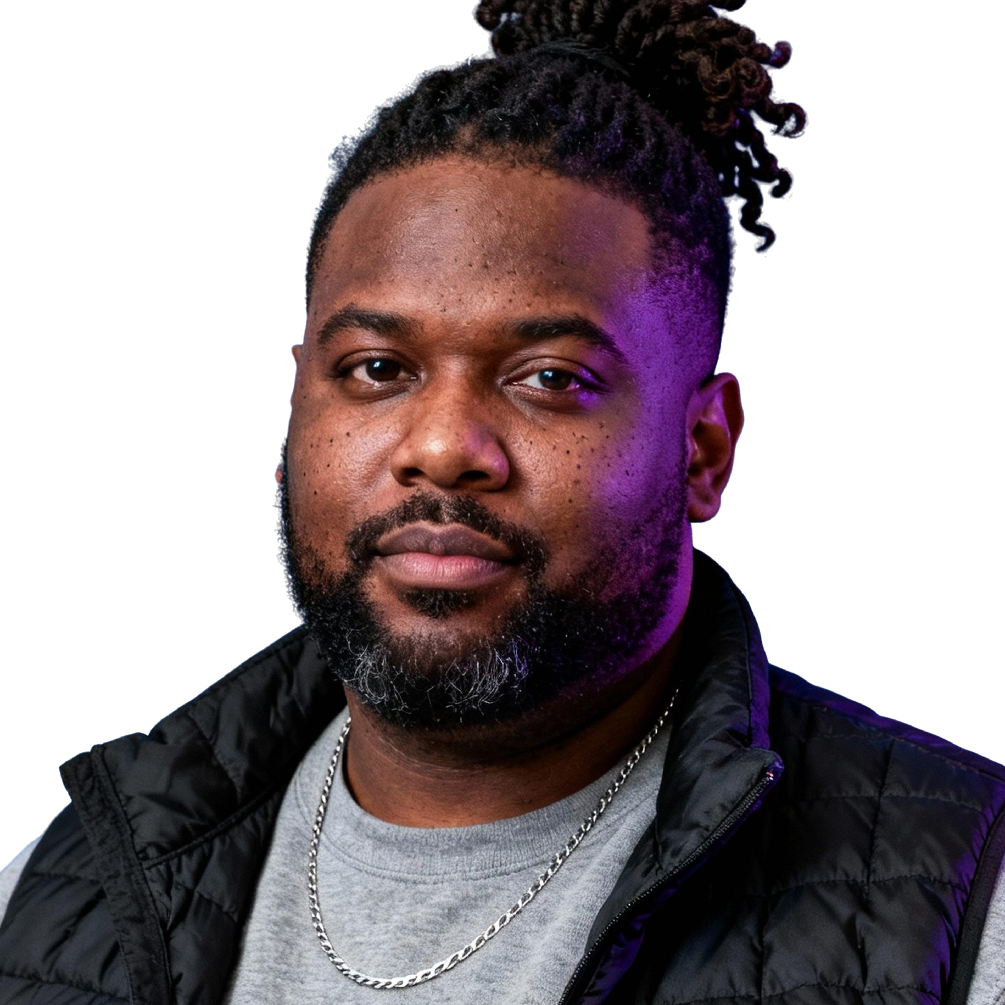 AI-generated portrait of a middle-aged man with short hair and a full beard, wearing a quilted vest and T-shirt, posed with a neutral expression against a transparent background in mixed lighting.