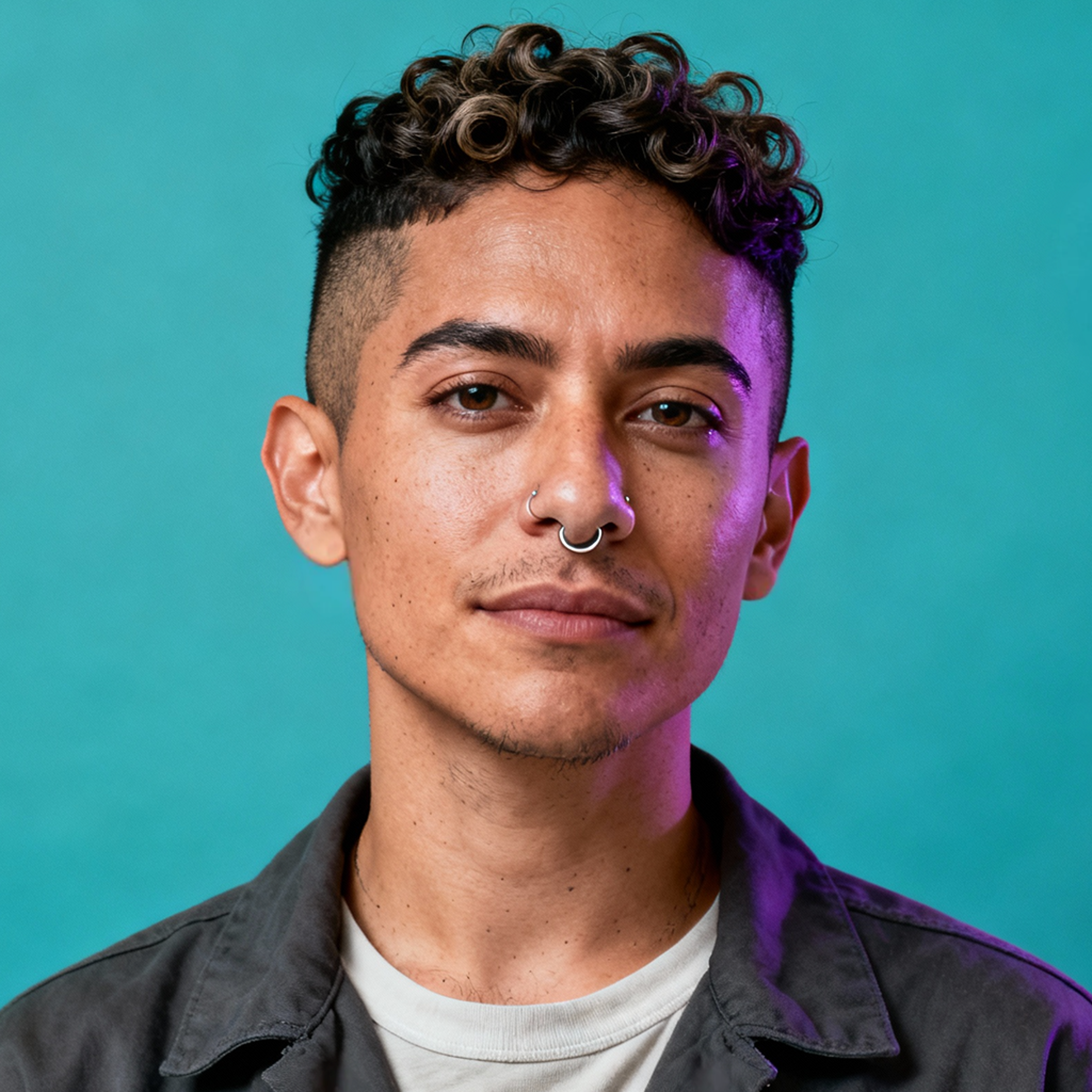 AI-generated portrait of a young person with short curly hair and a septum ring, wearing a layered shirt and jacket, posed with a neutral expression against a teal background in mixed lighting.