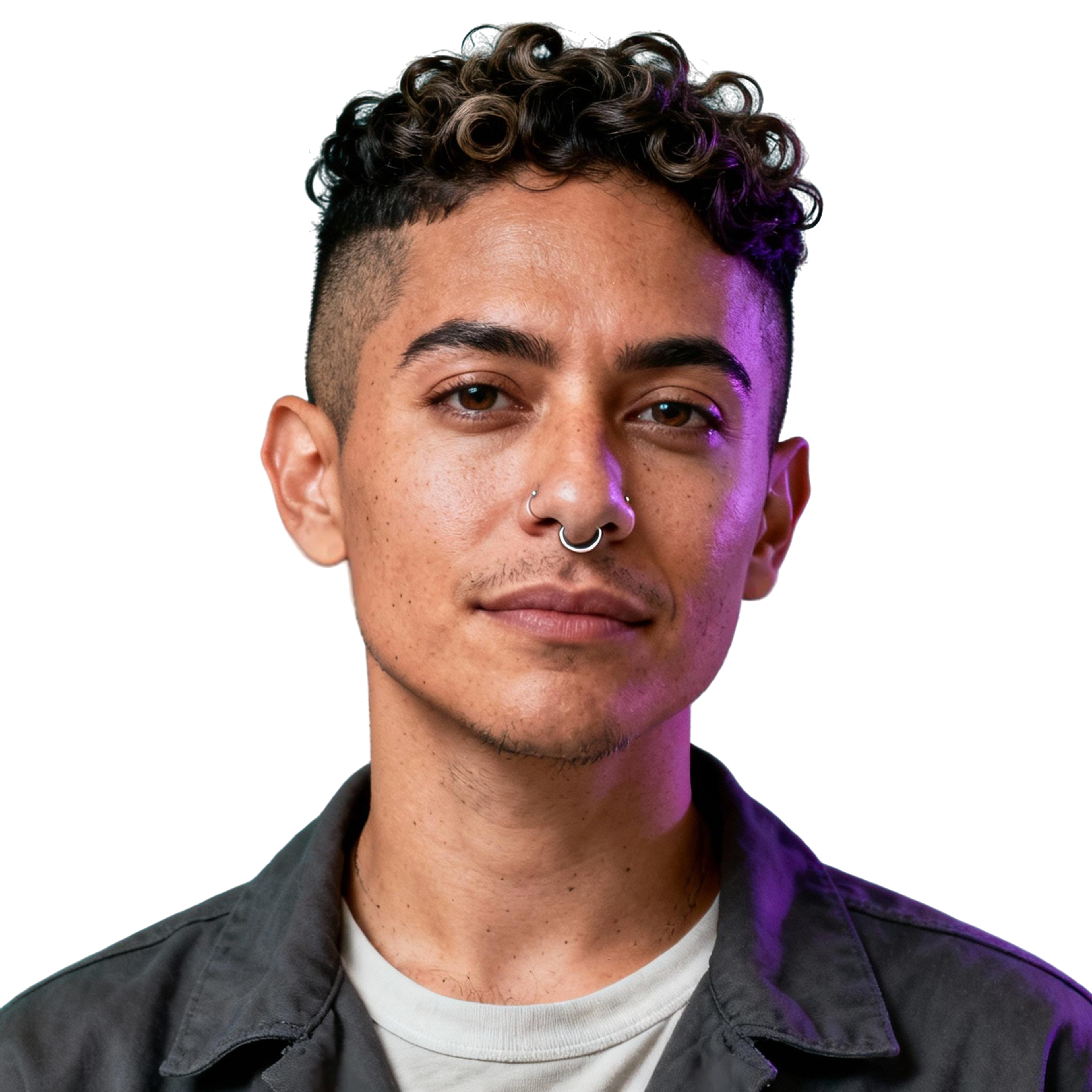 AI-generated portrait of a young person with short curly hair and a septum ring, wearing a layered shirt and jacket, posed with a neutral expression against a transparent background in mixed lighting.