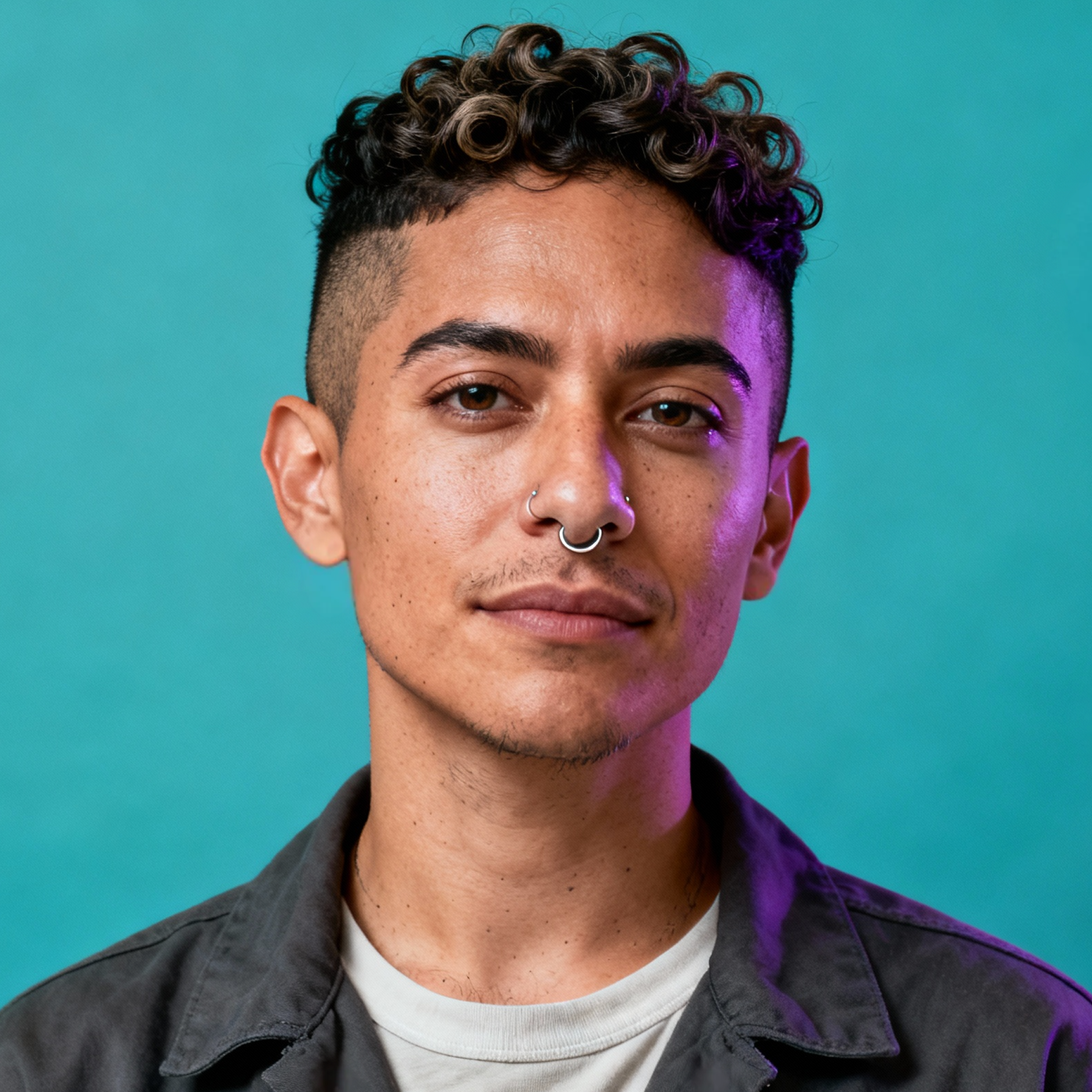 AI-generated portrait of a young person with short curly hair and a septum ring, wearing a layered shirt and jacket, posed with a neutral expression against a teal background in mixed lighting.