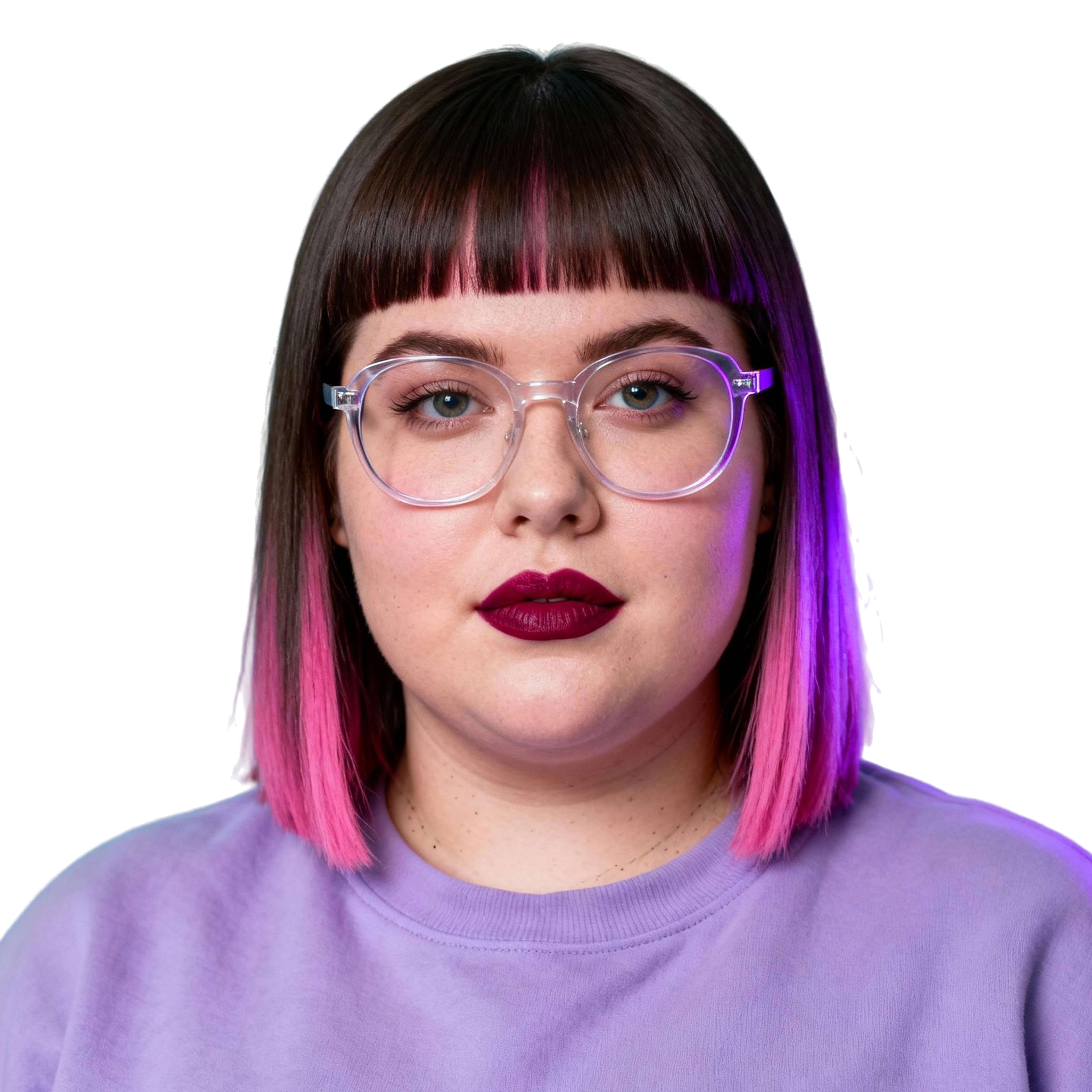 AI-generated portrait of a young woman with straight hair and blunt bangs, wearing clear-framed glasses and a sweatshirt, posed with a neutral expression against a transparent background in mixed lighting.