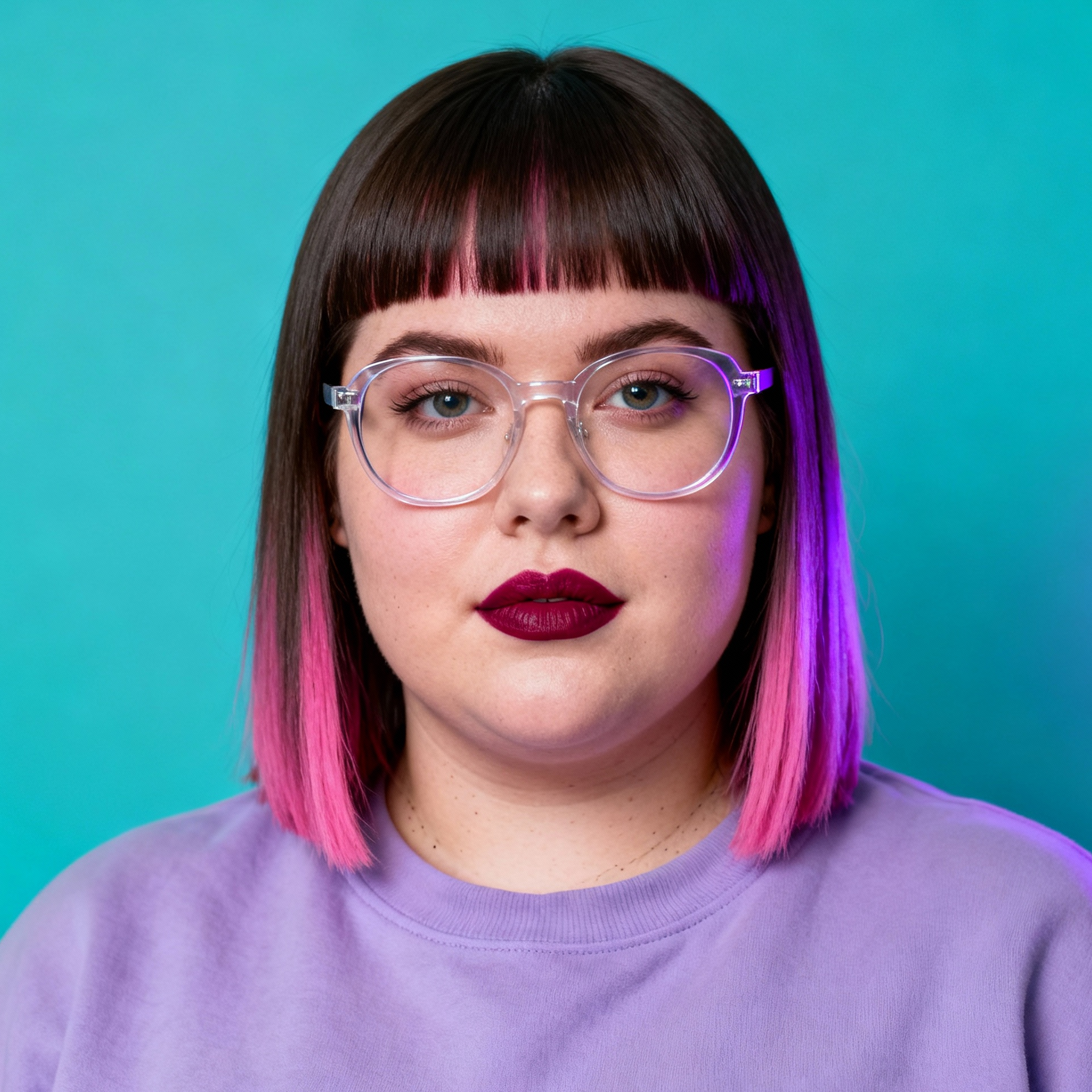 AI-generated portrait of a young woman with straight hair and blunt bangs, wearing clear-framed glasses and a sweatshirt, posed with a neutral expression against a teal background in mixed lighting.
