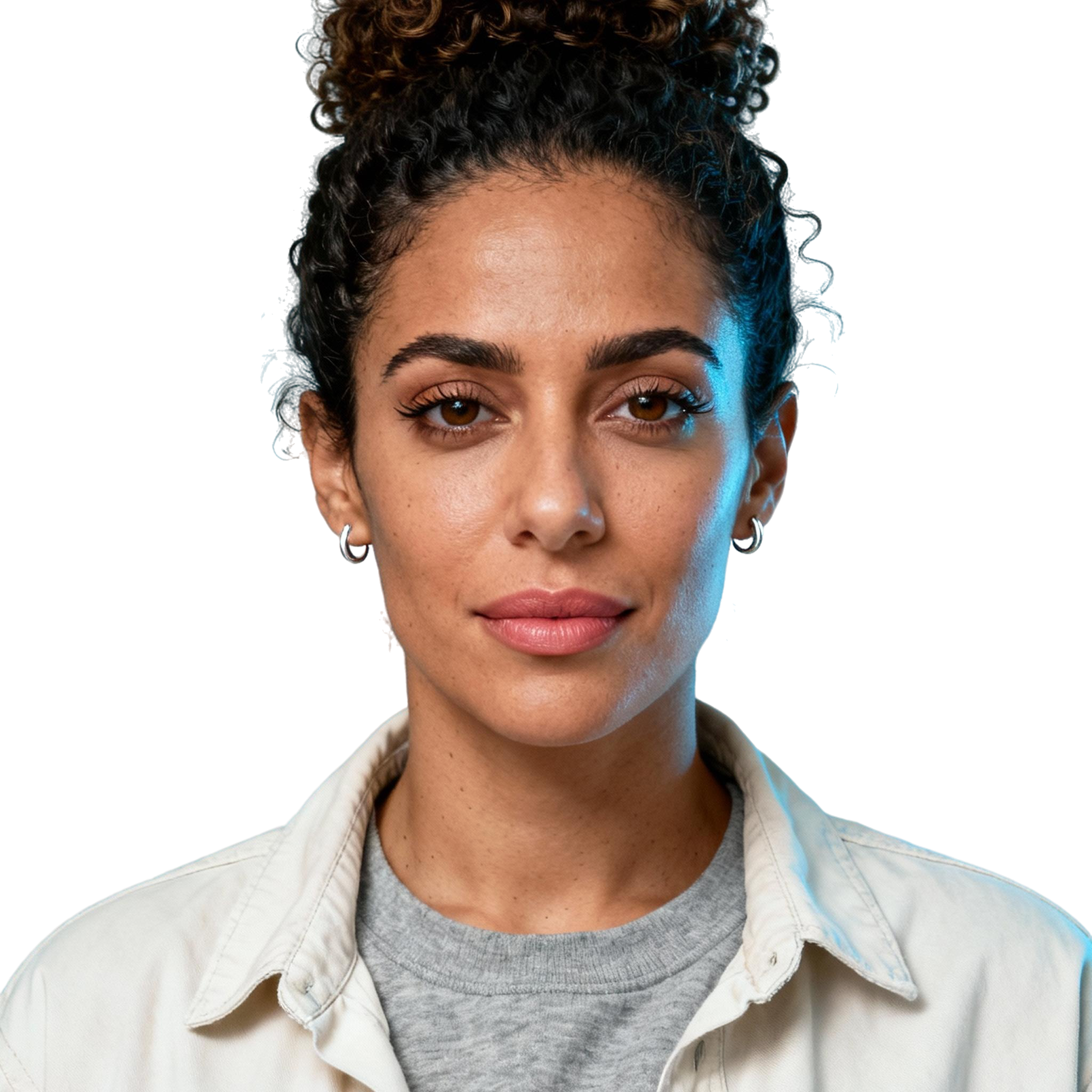 AI-generated portrait of a young woman with curly hair pulled back, wearing a T-shirt and light jacket, posed with a neutral expression against a transparent background in mixed lighting.